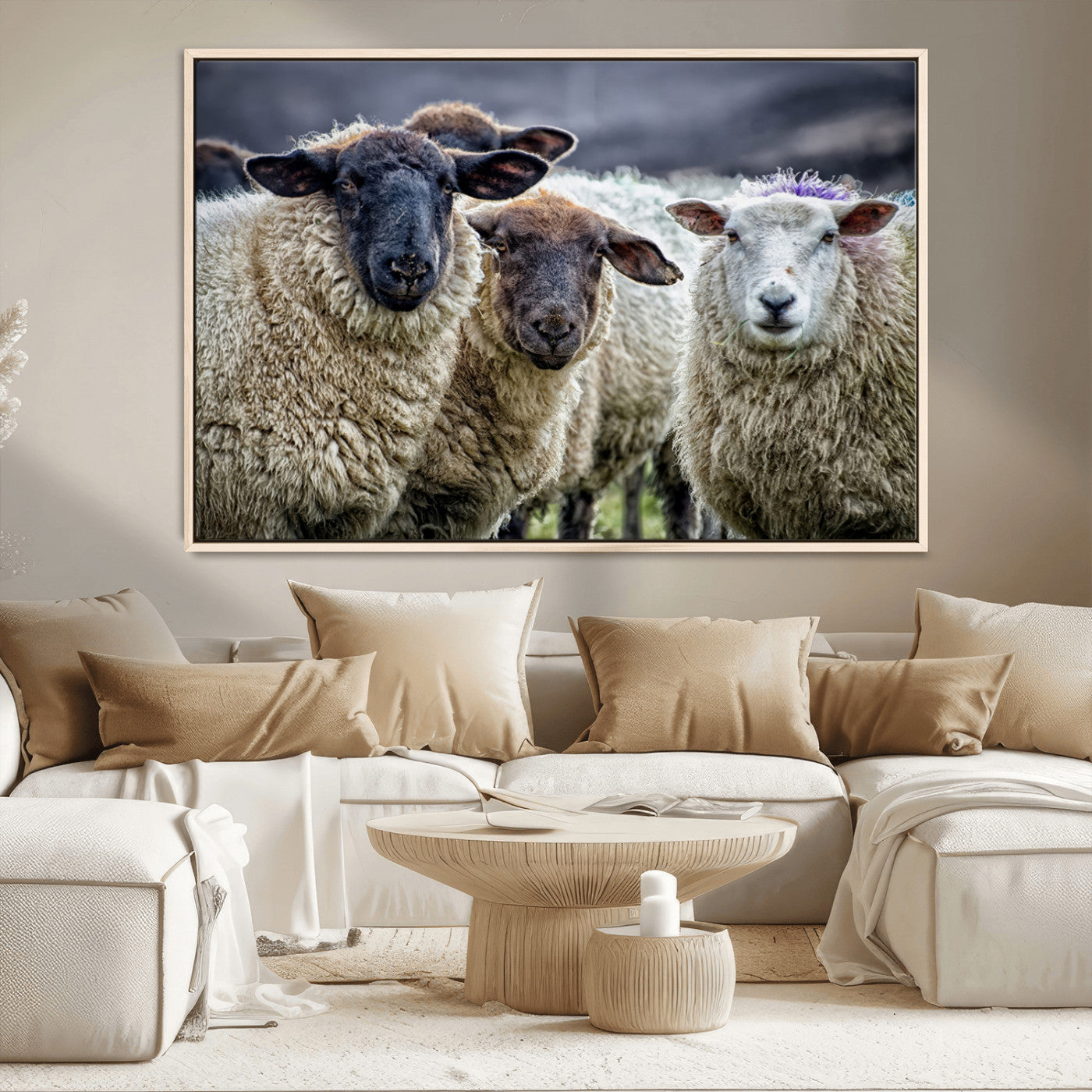 -Charming Sheep Portrait Wall Art – Trio of Woolly Companions Canvas Print, Framed, Ready to Hang