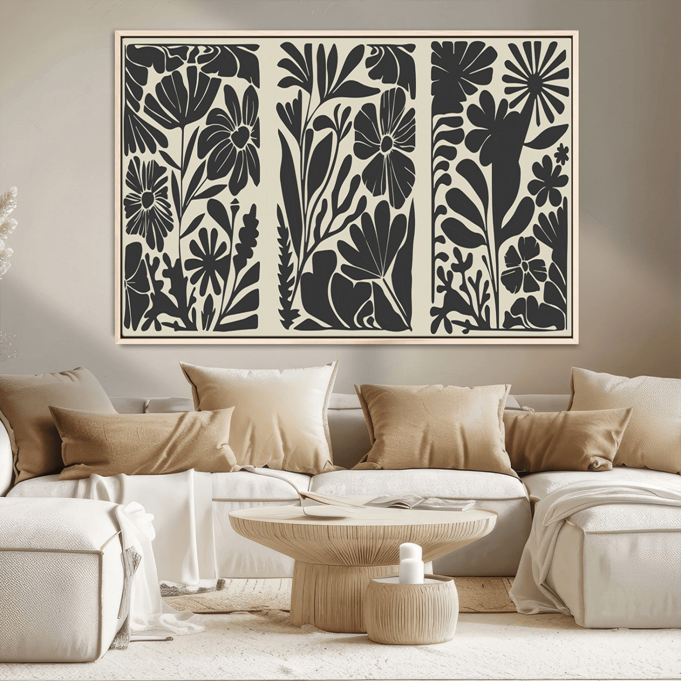 MGV-FC-36X24 - Modern Botanical Wall Art - Floral Black and White Canvas Print, Framed, Ready to Hang