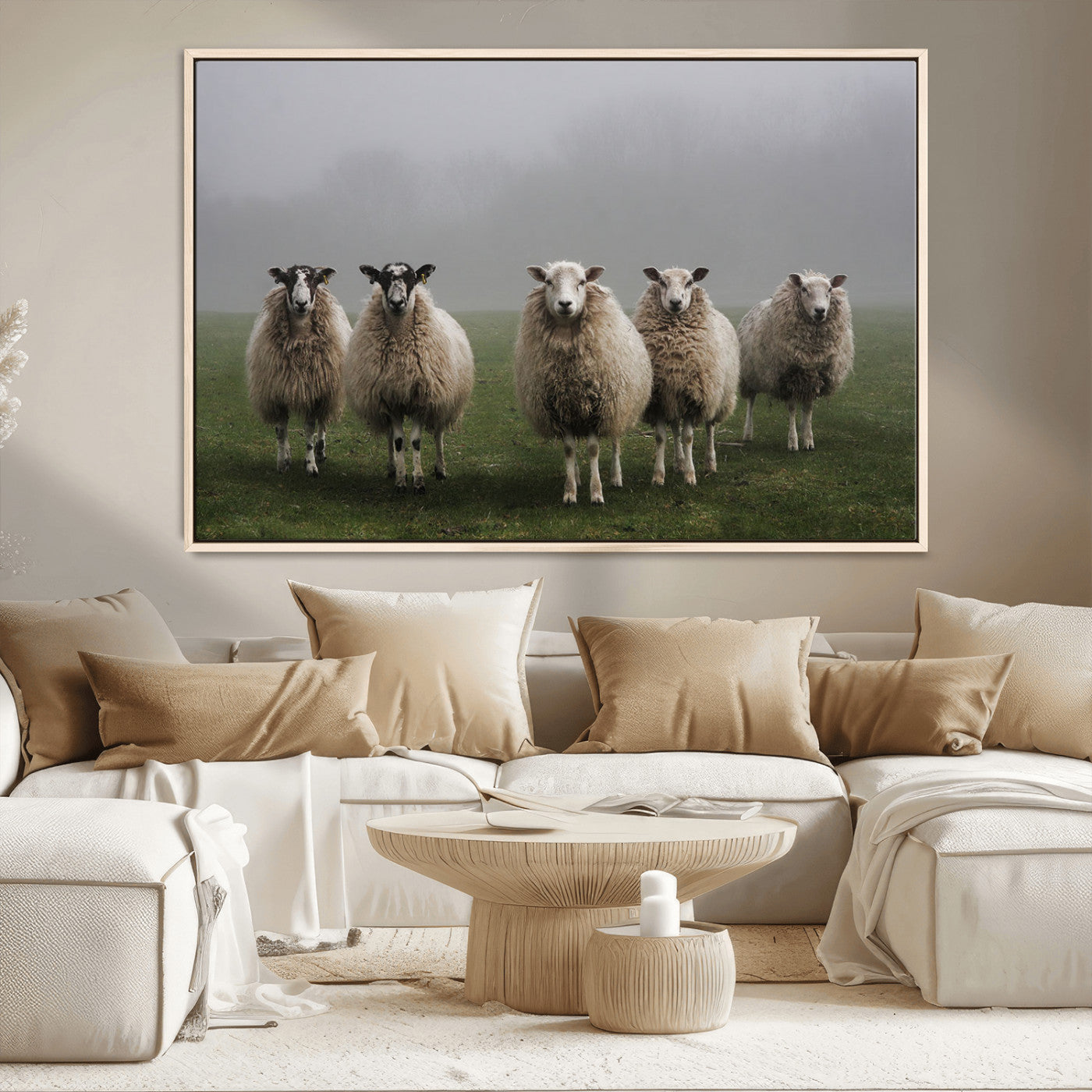 -Flock of Sheep in a Mystical Fog – Pastoral Wall Art Canvas Print, Framed, Ready to Hang