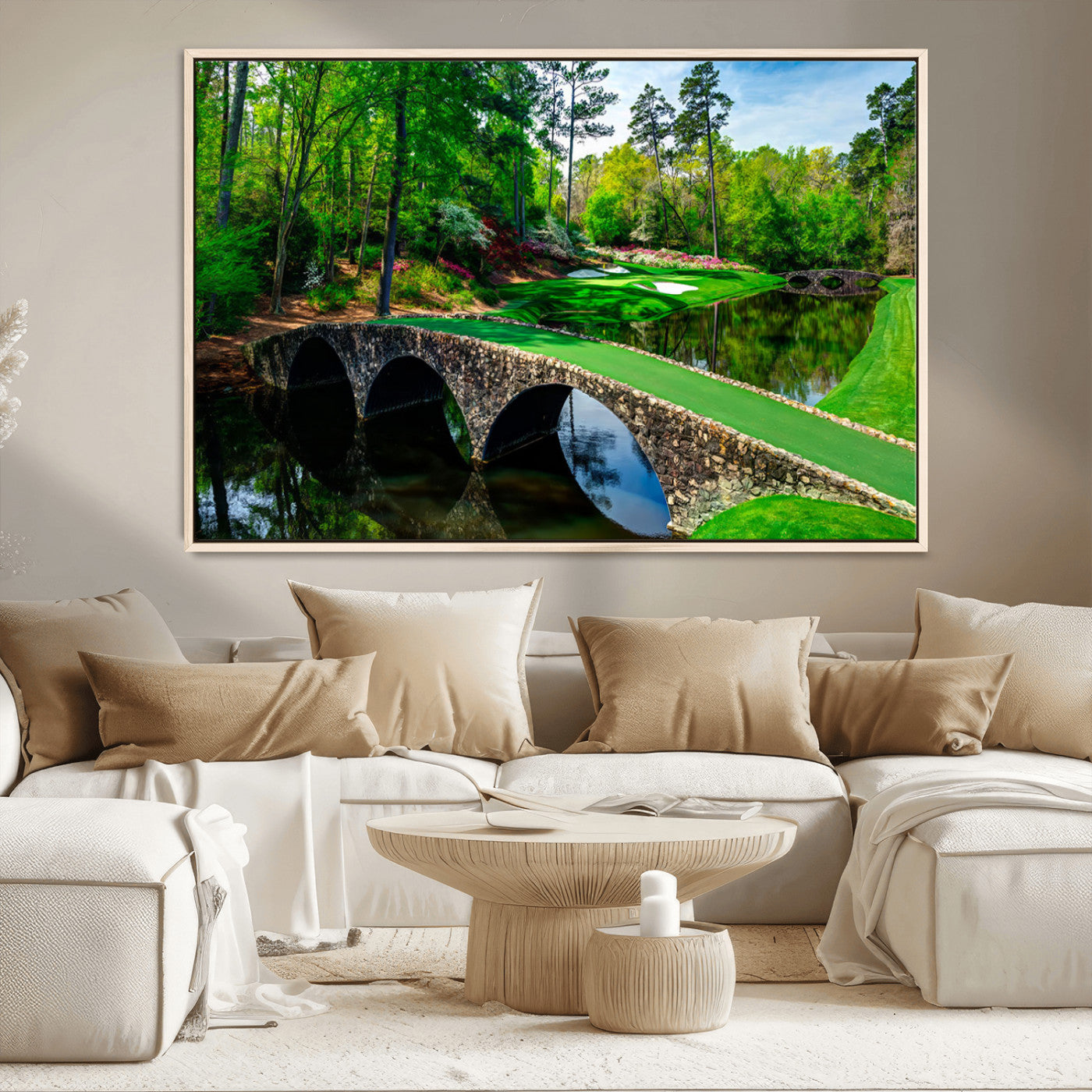 MGV-FC-36X24 - Augusta National Golf Club Wall Art - Panoramic Bridge & Lush Greenery – Premium Framed, Ready-to-Hang Triptych Canvas