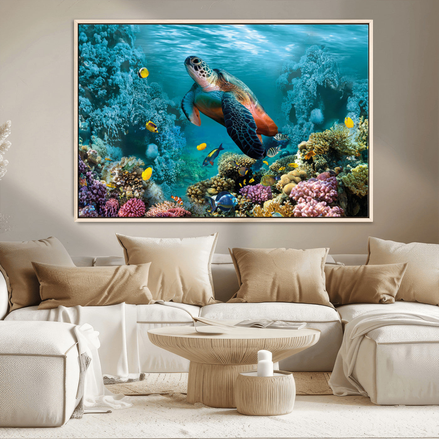 MGV-FC-36X24 - Sea Turtle and Coral Reef Triptych Wall Art – Vibrant Underwater Scene Canvas Set for Ocean Lovers and Coastal Decor – Ready to Hang 3-Panel Artwork