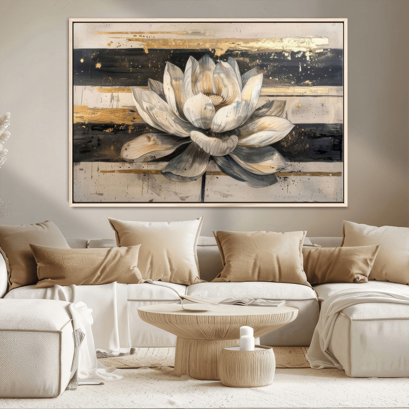 MGV-FC-36X24 - Lotus Flower Wall Art Canvas Print, Framed Abstract Lotus Art Picture Print, White Lotus Flower Perfect Abstract Floral Decor Artwork