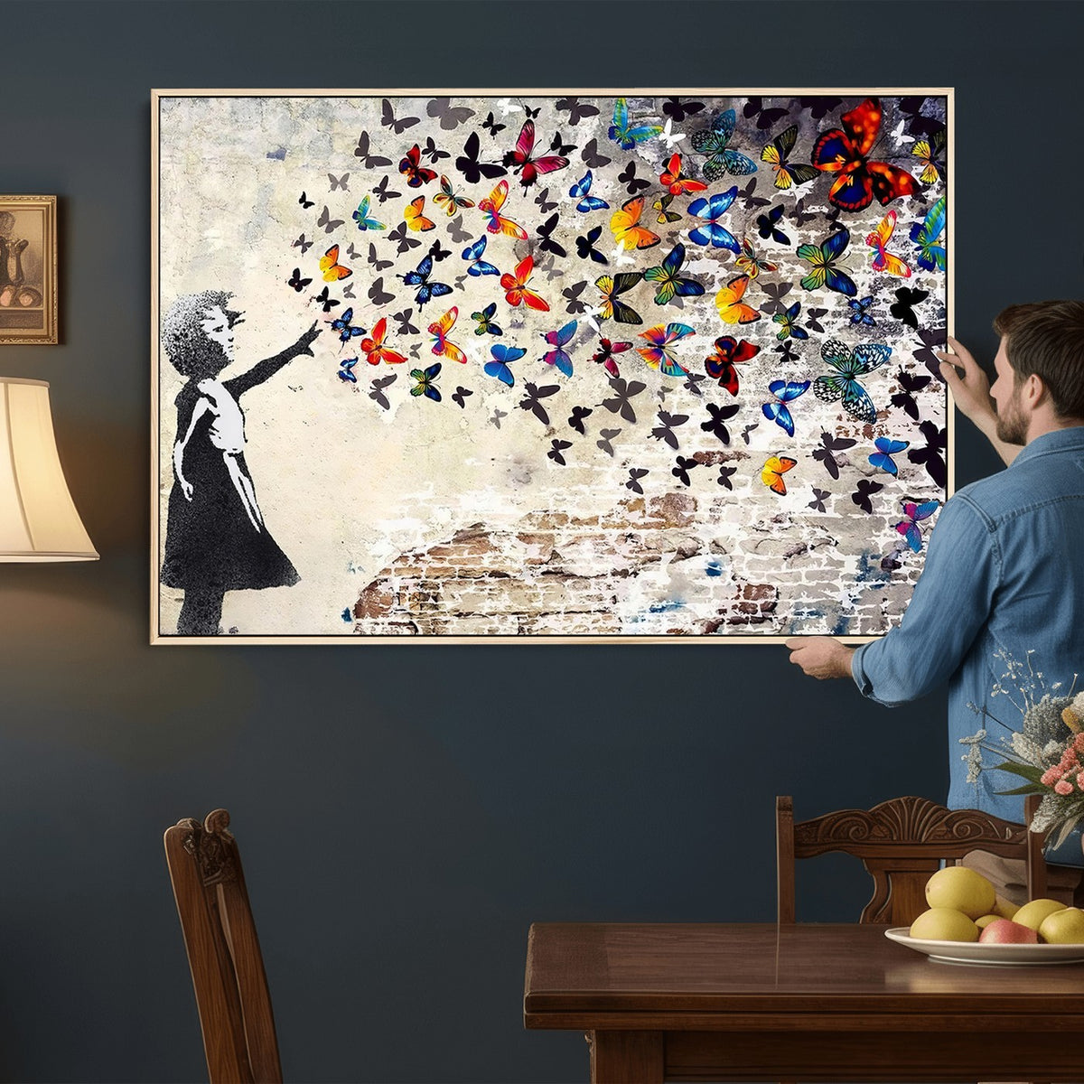 97895-MGV-CV-24X16 - Banksy Graffiti Wall Art Canvas Print, Girl Releasing Vibrant Butterflies