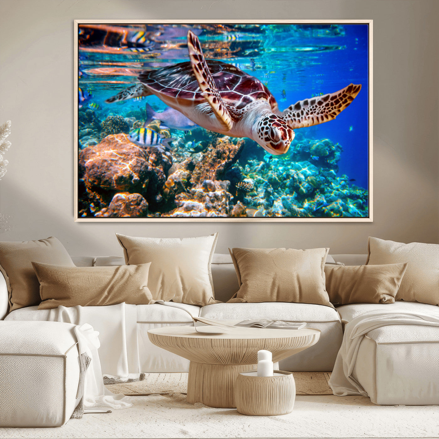 MGV-FC-36X24 - Underwater Coral Reef Sea Turtle Wall Art Canvas Print, Vibrant Marine Life | Colorful Ocean Scene