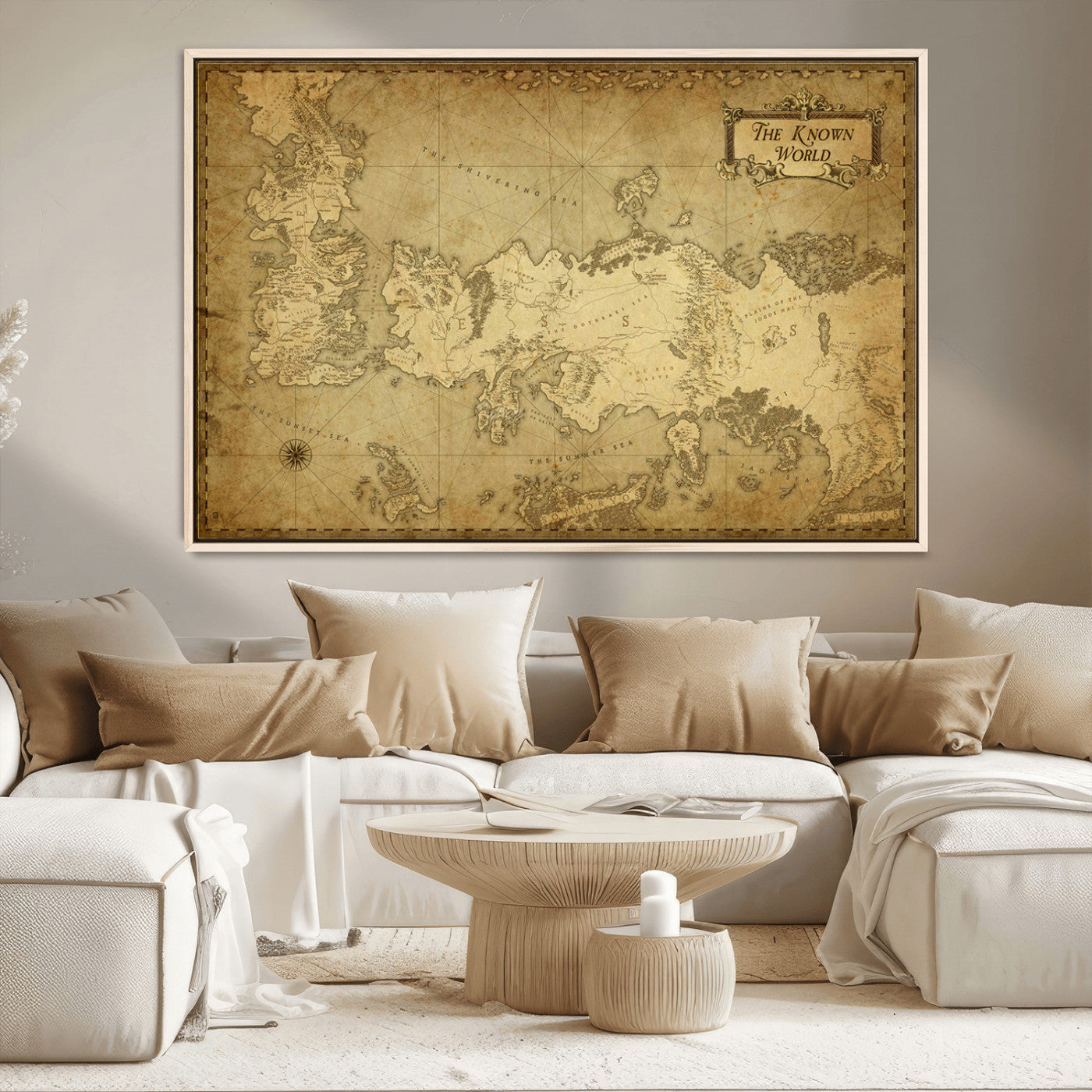 MGV-FC-36X24 - Vintage Game of Thrones Map Wall Art | Westeros and Essos Antique Style Print | The Known World in Triptych Canvas | Giclee Canvas for Fantasy Lovers