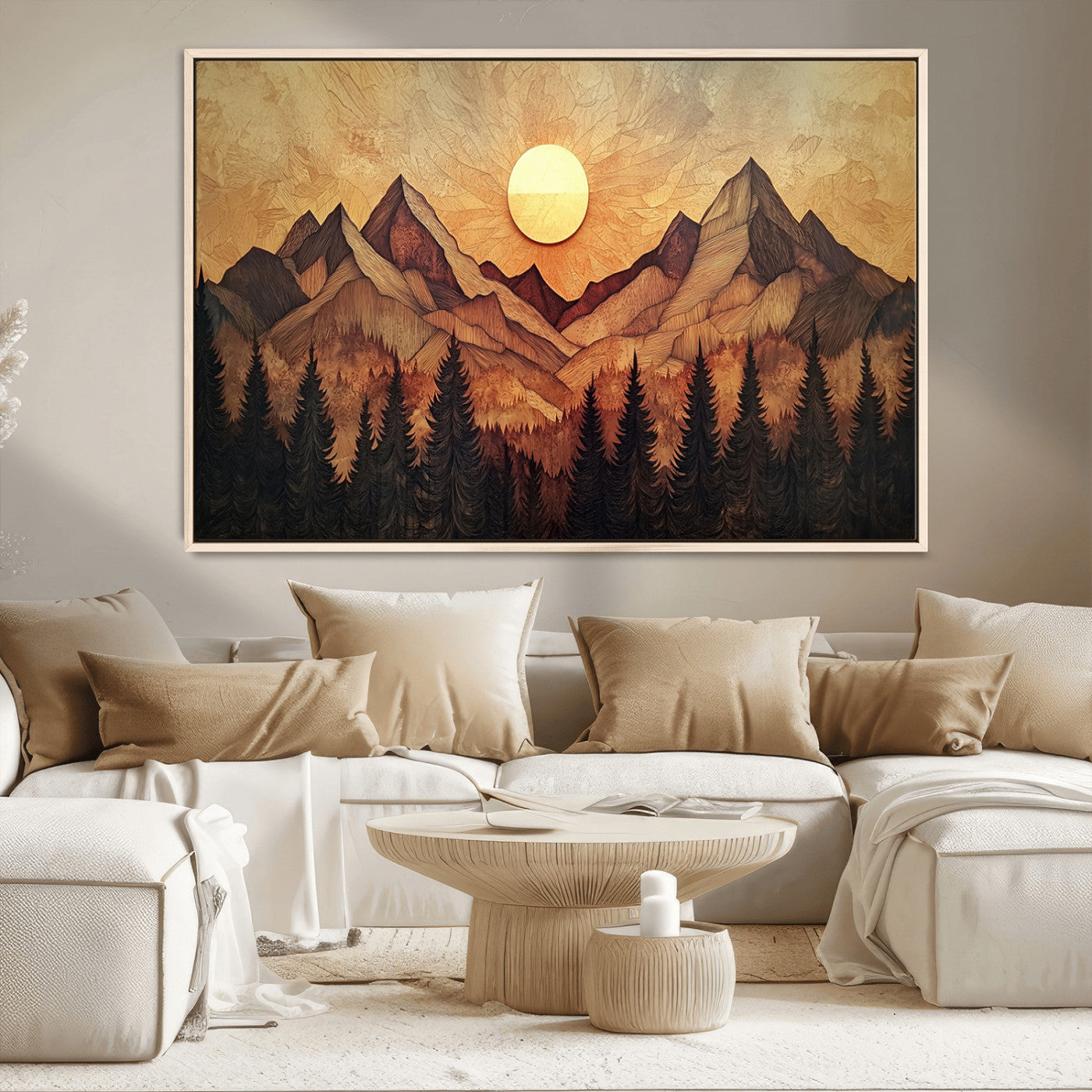 MGV-FC-36X24 - Wood Style Abstract Mountain Sunset Canvas Wall Art Print - Warm Earth Nature-Inspired Decor for