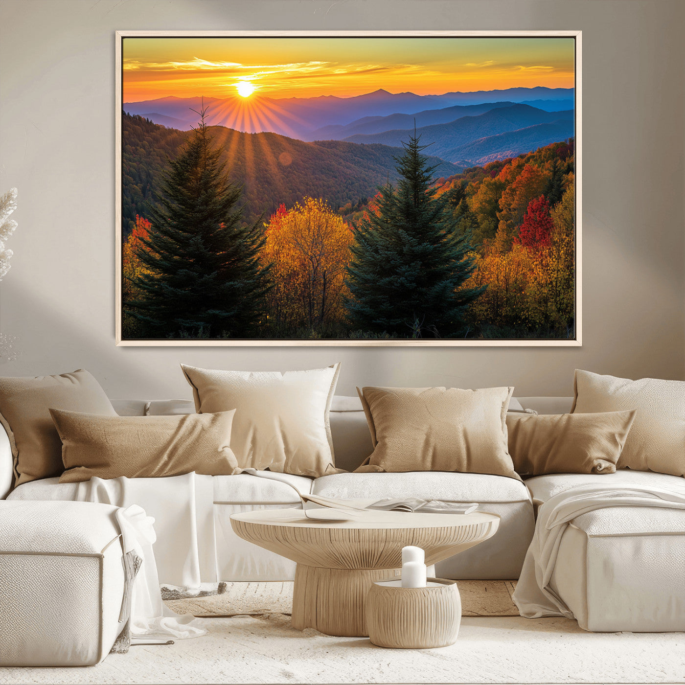 MGV-FC-36X24 - Golden Sunset Over Mountain Forest Canvas Wall Art Print - Warm Nature-Inspired Landscape for Living