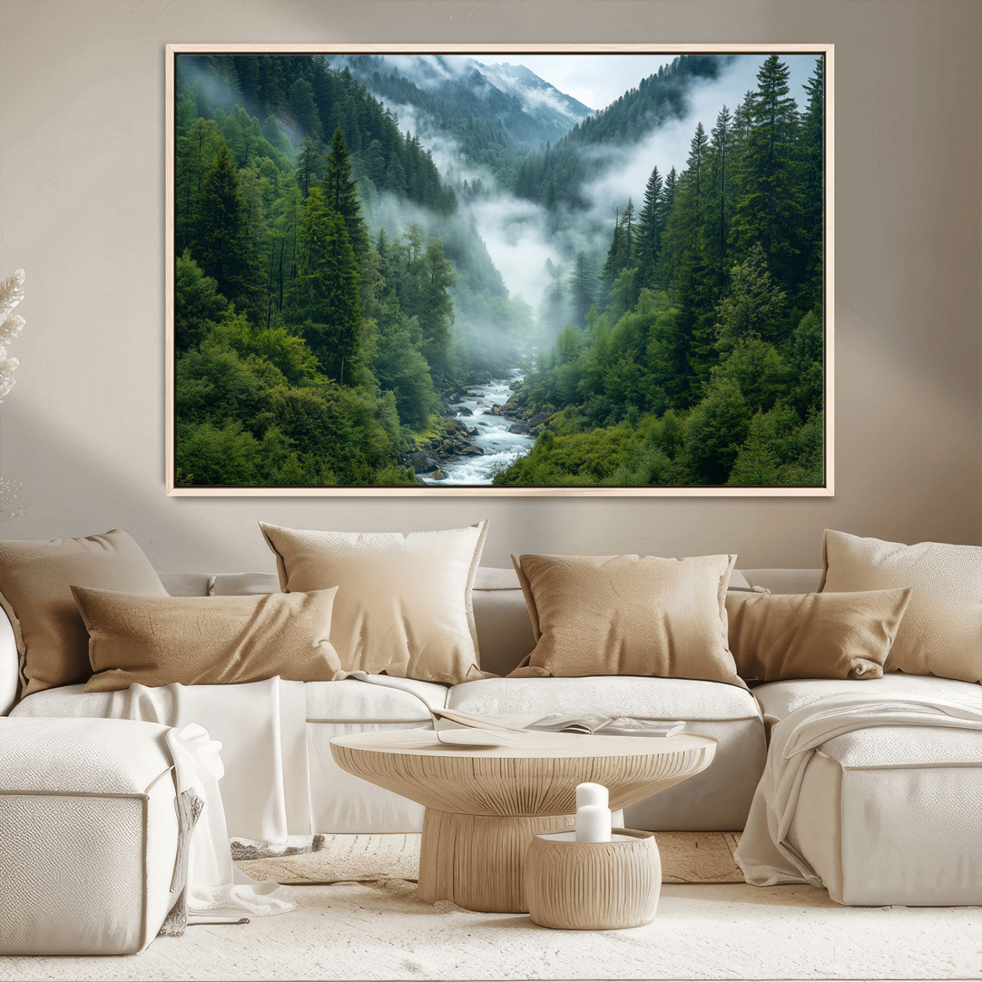 MGV-FC-36X24 - Mountain Forest River Canvas Wall Art Print - Serene Nature Landscape for Living Room, Office, or