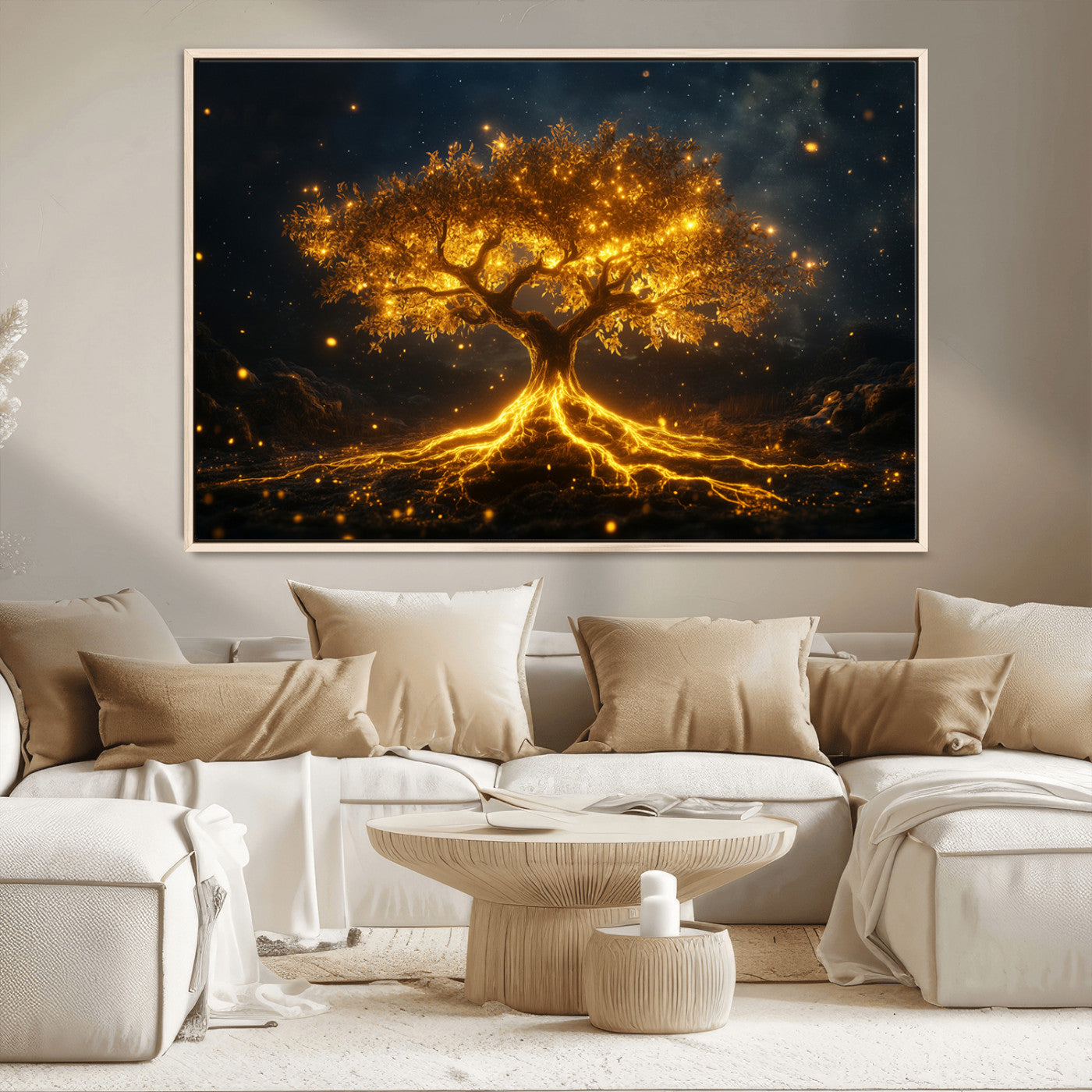 MGV-FC-36X24 - Golden Tree of Life Canvas Wall Art Print - Majestic Glowing Tree Design for Living Room, Office, or
