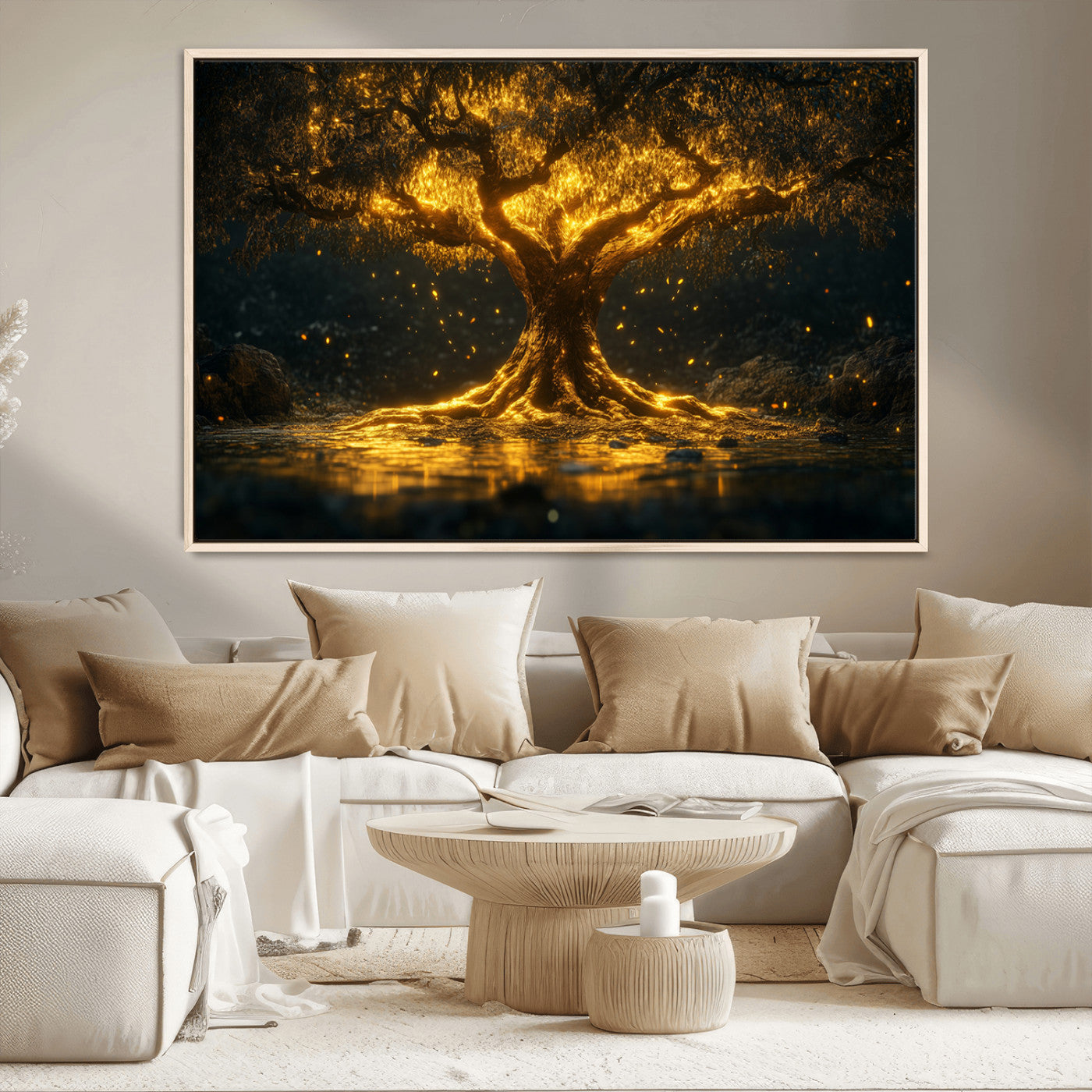 MGV-FC-36X24 - Golden Tree of Life Canvas Wall Art Print - Majestic Glowing Tree Wall Art Print