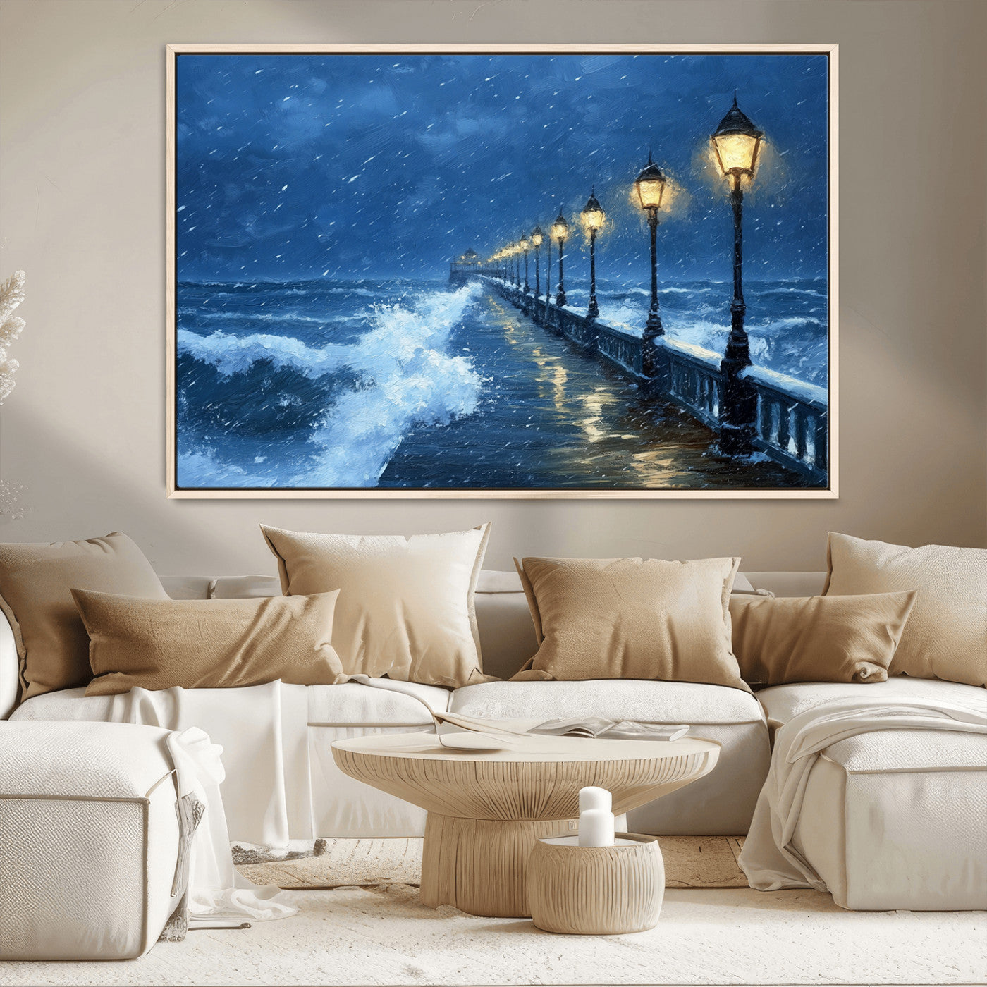MGV-FC-36X24 - Stormy Ocean Pier Lights Canvas Wall Art Print - Large Moody Night Scene for Living Room, or Office,