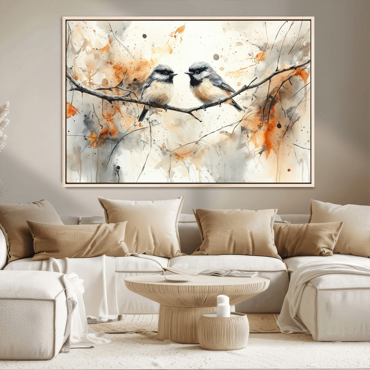 MGV-FC-36X24 - Abstract Watercolor Chickadee Bird Canvas Wall Art Print - Large Bird and Branch Wall Art, Modern