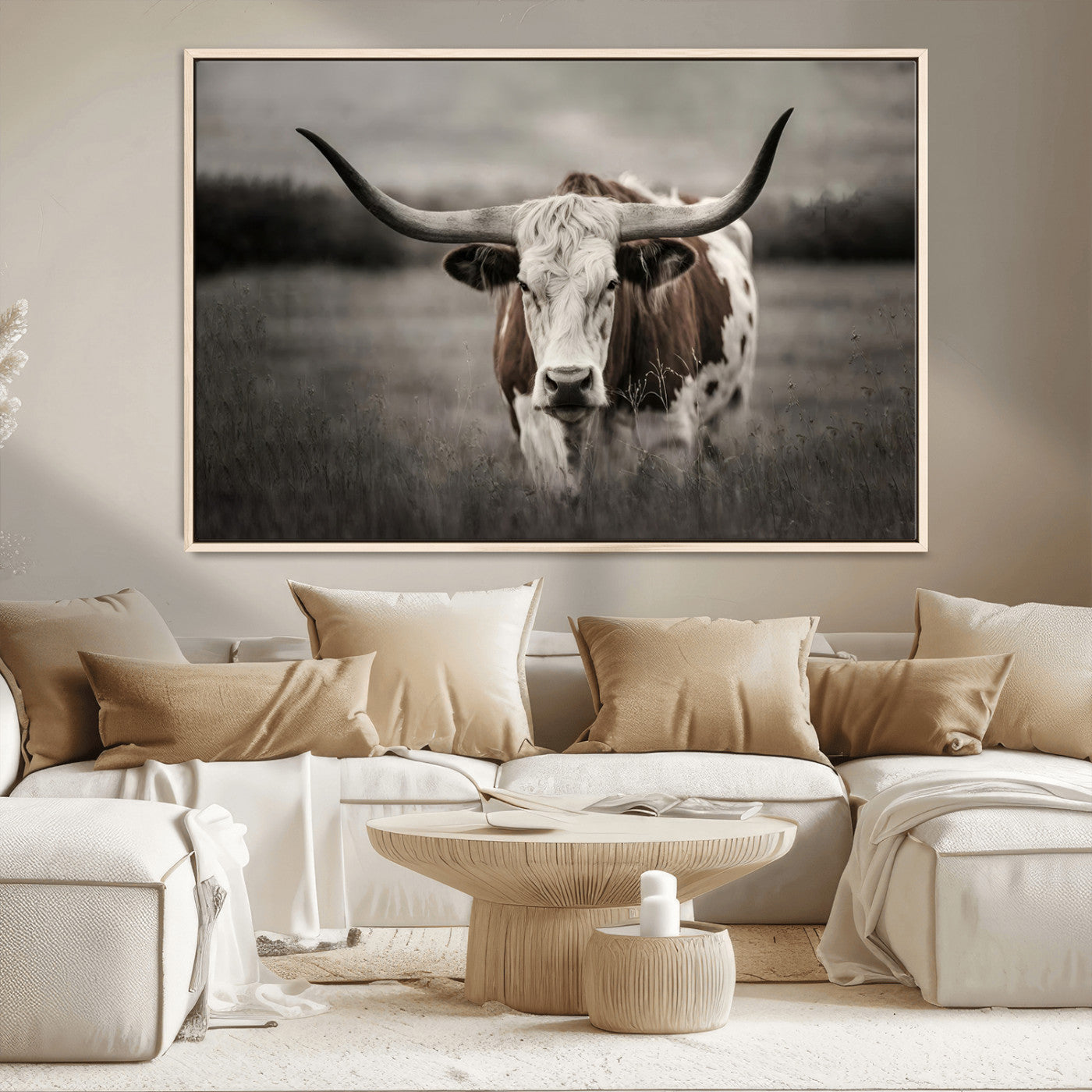 MGV-FC-36X24 - Texas Longhorn Cow Canvas Wall Art Print - Large Rustic Longhorn Art for Living Room, Western Wall