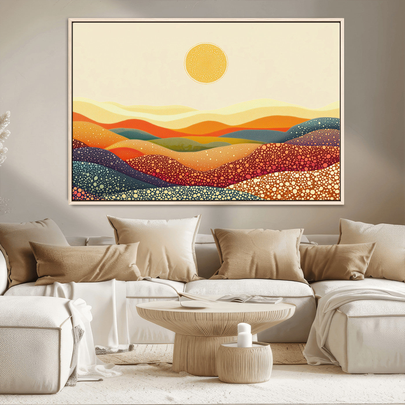 MGV-FC-36X24 - YAYOI KUSAMA Colorful Dot Art Landscape Canvas - Framed Abstract Pointillism Inspired by Nature with
