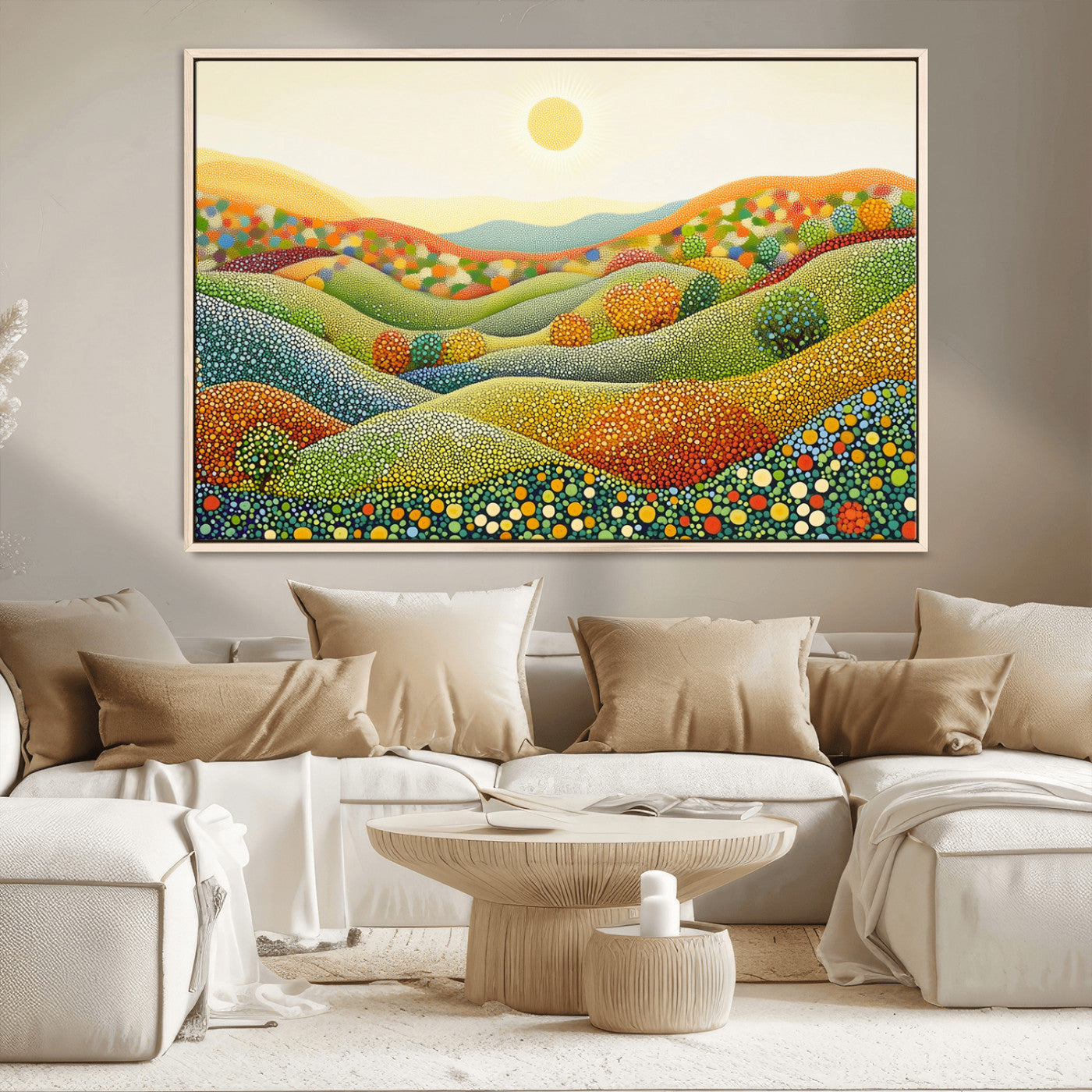 MGV-FC-36X24 - YAYOI KUSAMA Wall Art - Colorful Dot Art Landscape Canvas, Framed Japanese Dot Art