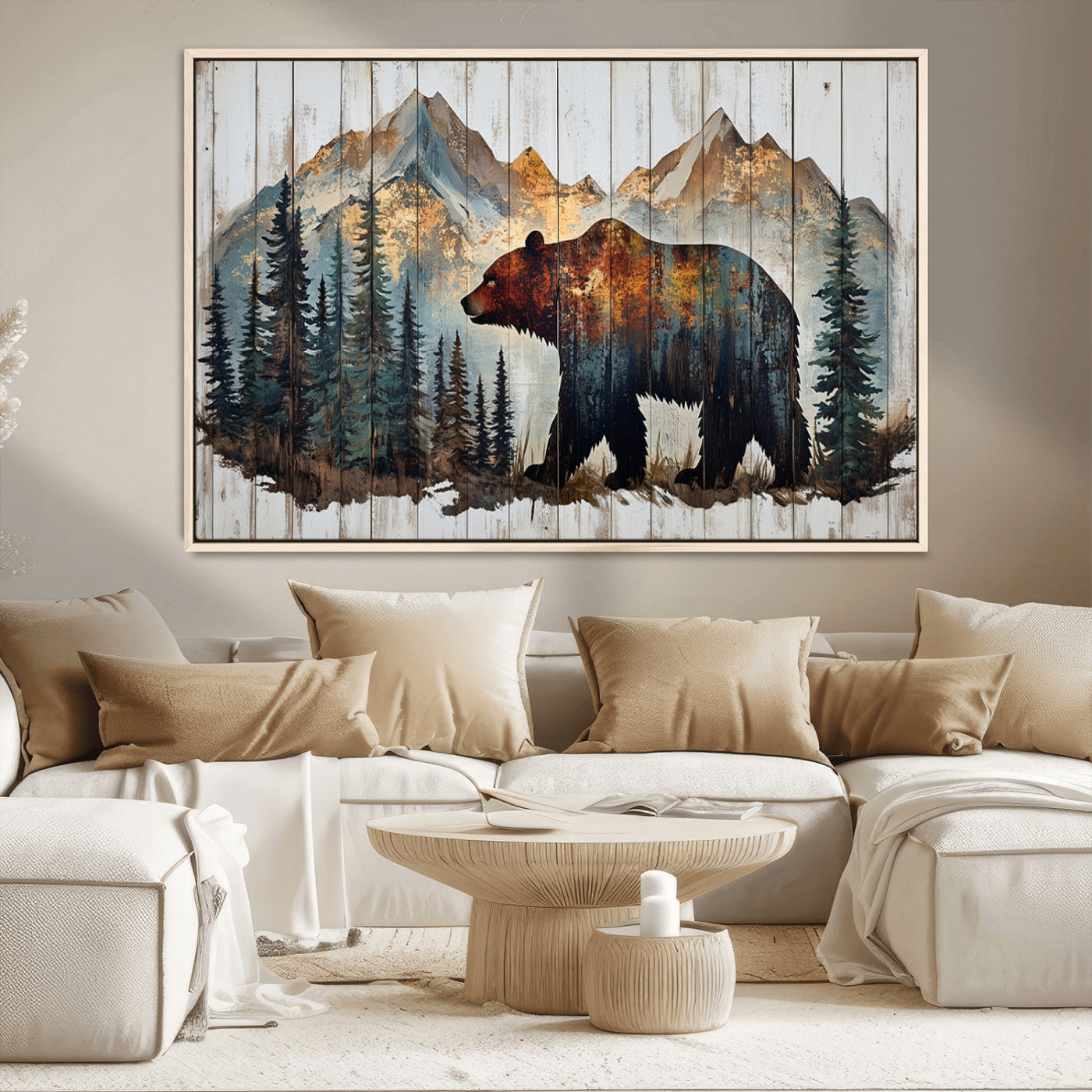 55777-MGV-CV-36X24-Rustic Grizzly 399 Bear and Mountain Wood Canvas Wall Art - Framed Nature Artwork with Forest