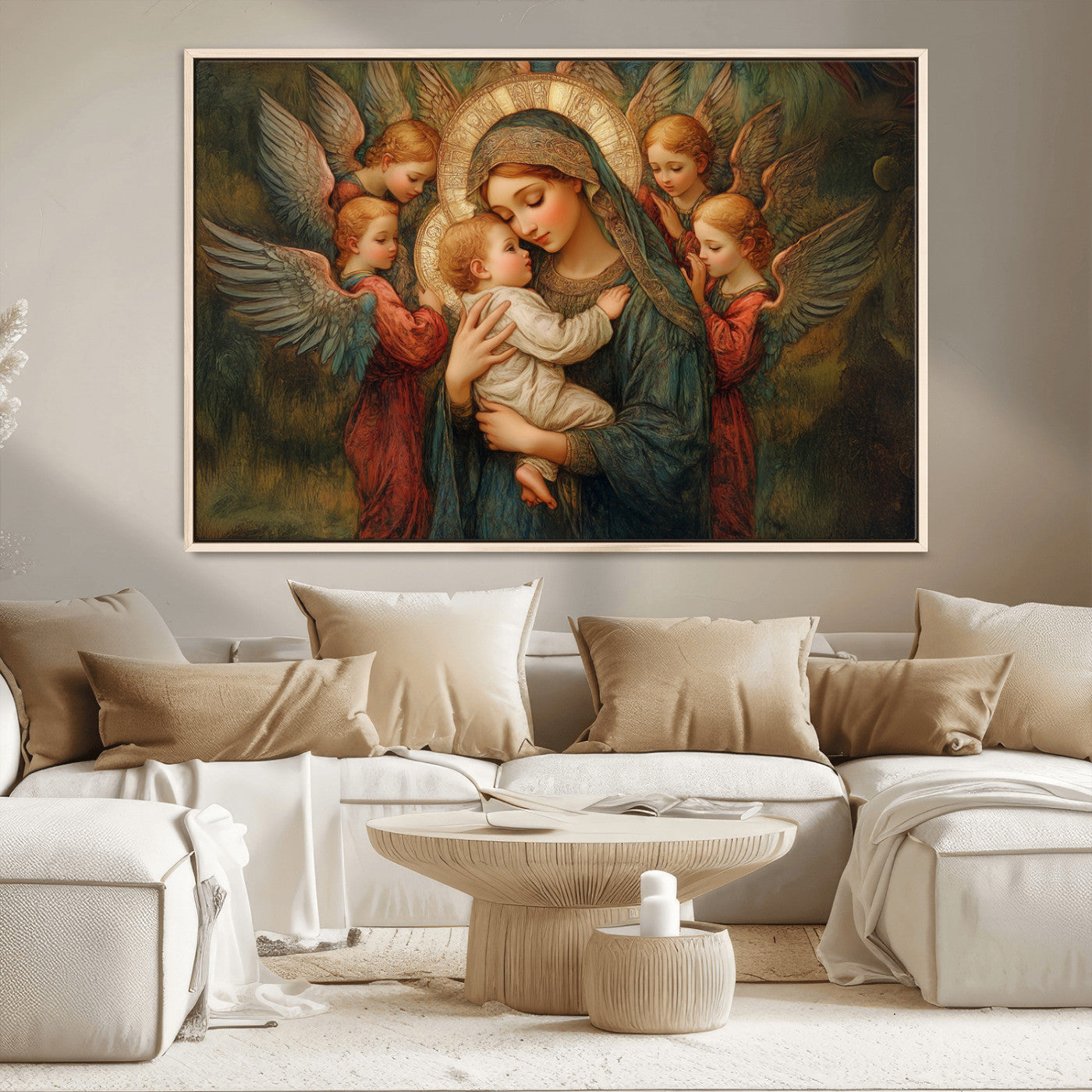 MGV-FC-36X24 - Mary Jesus Canvas Wall Art Print - Madonna and Child with Angels Art Print - Classic Christian