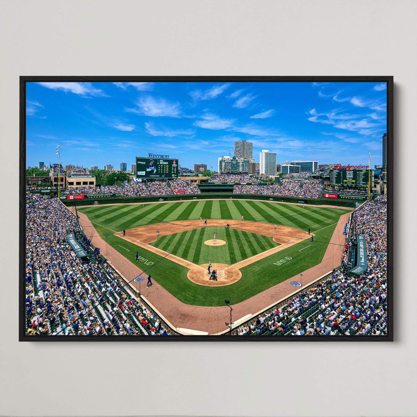 26064-MGV-CV-30X20-Framed Wrigley Field Chicago Cubs Print, Panoramic Multi Piece Canvas Wall Art - Iconic Baseball Stadium Print for Sports Lovers - Ready to