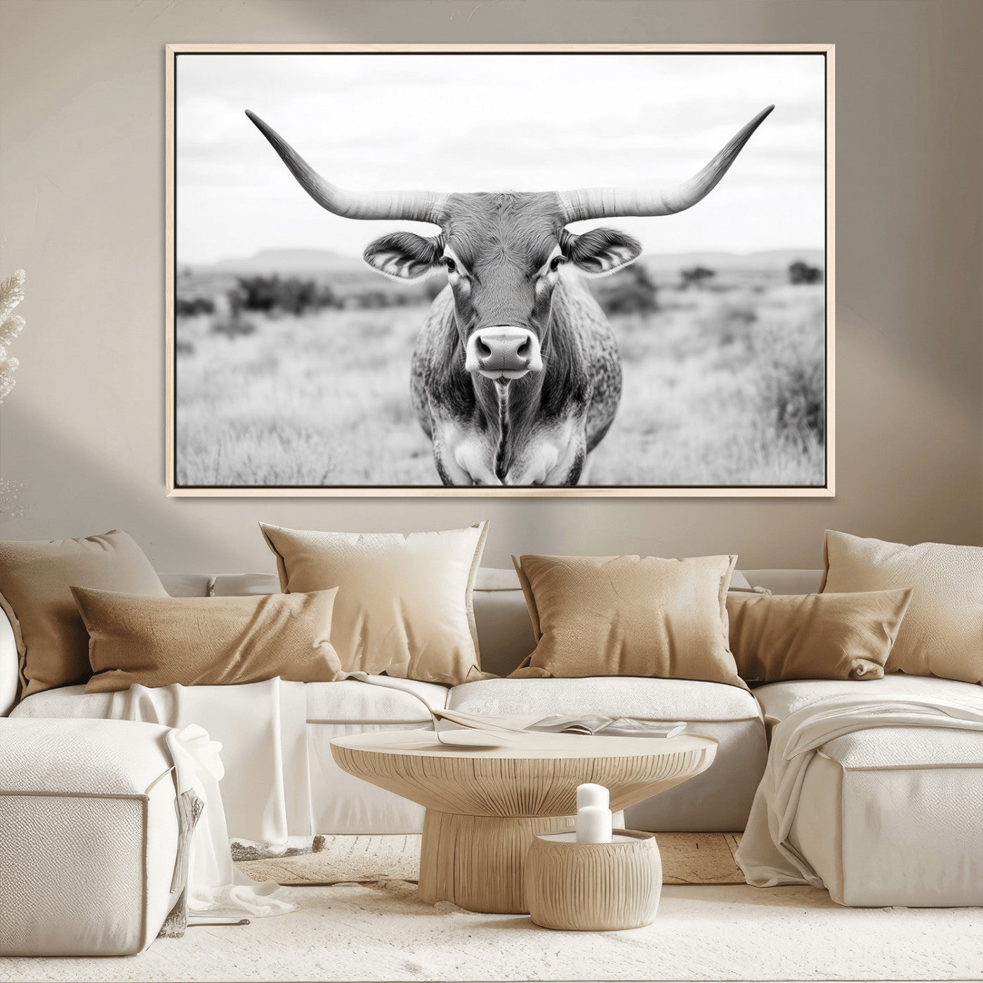 MGV-FC-36X24 - Highland Cow Wall Art Print - Black and White Texas Western Longhorn Canvas - Farmhouse Decor Print