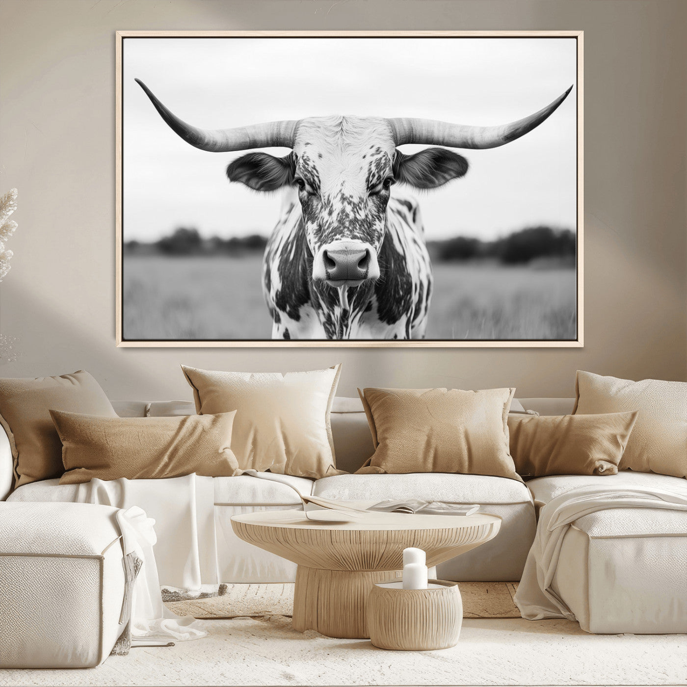 MGV-FC-36X24 - Highland Cow Wall Art - Black and White Western Longhorn Canvas Print - Farmhouse Living Room Decor