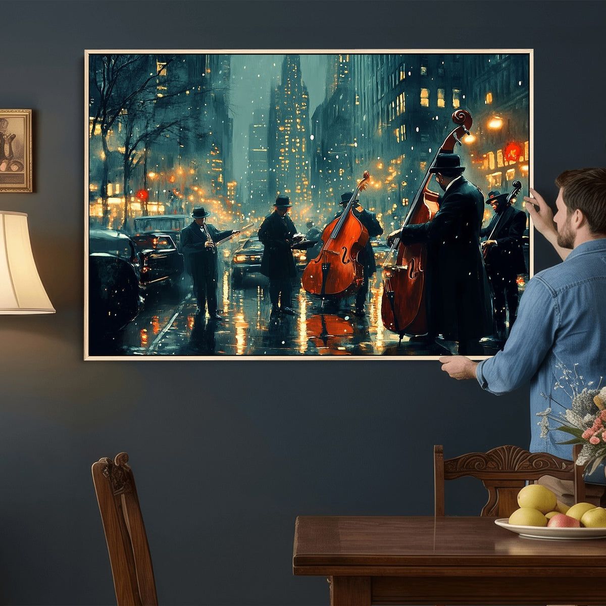 53391-MGV-CV-24X16 - Urban Night Jazz Wall Art Canvas Print | Moody Rain Soaked City Street Band Scene