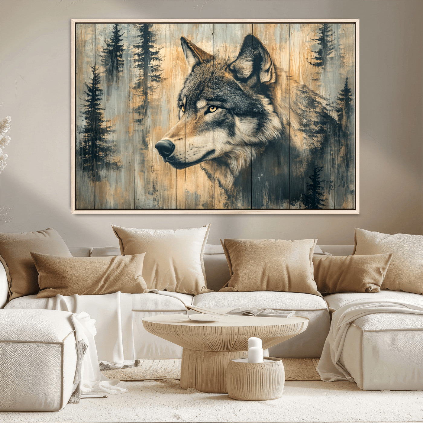 MGV-FC-36X24 - Wood Style Rustic Wolf Wall Art Canvas Print, Vintage Woodland Wolf Wall Art, Framed Wood Style Wolf