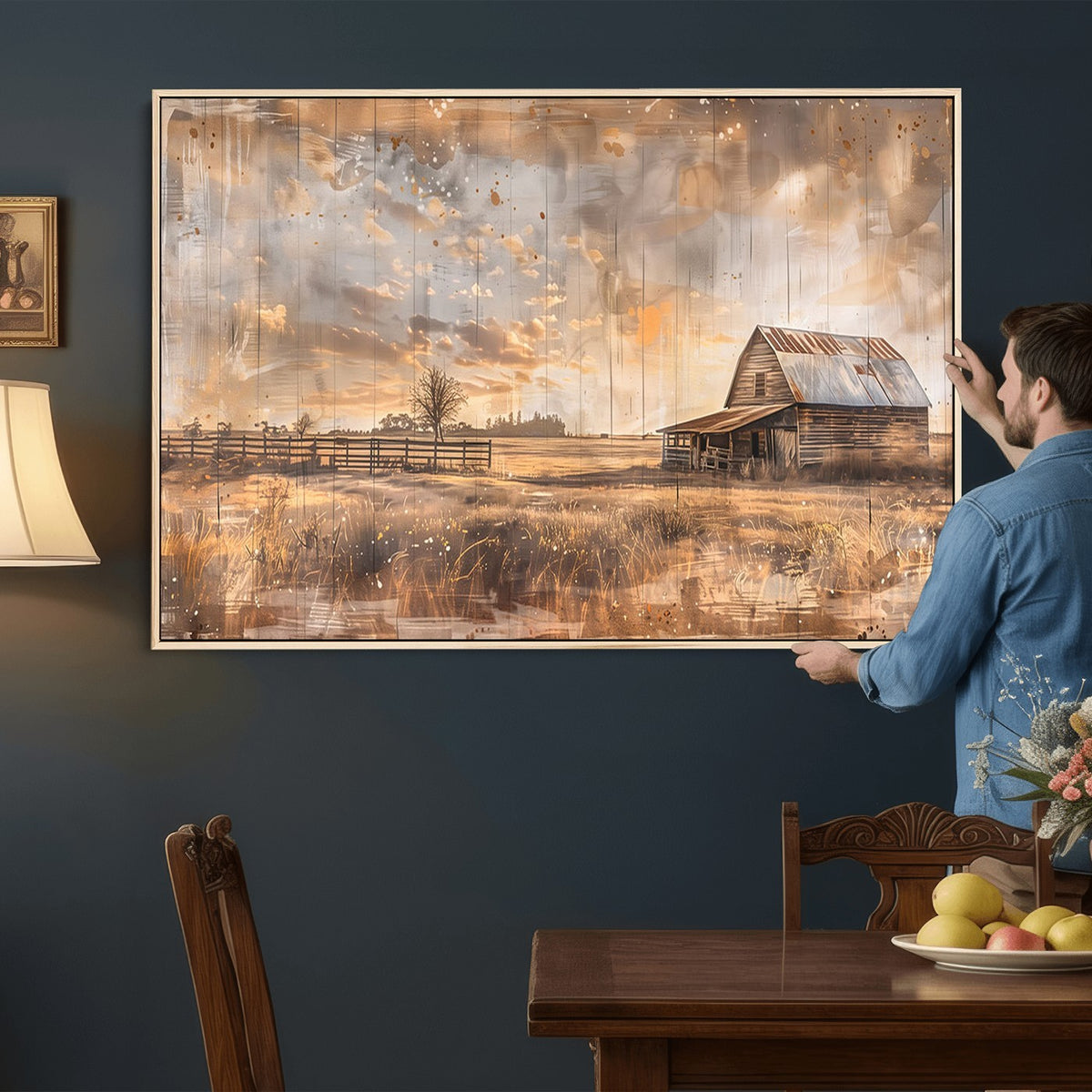 FARM2-MGV-CV-24X16 - Rustic Farmhouse Wall Art Canvas Print | Barn and Field Vintage Country Landscape
