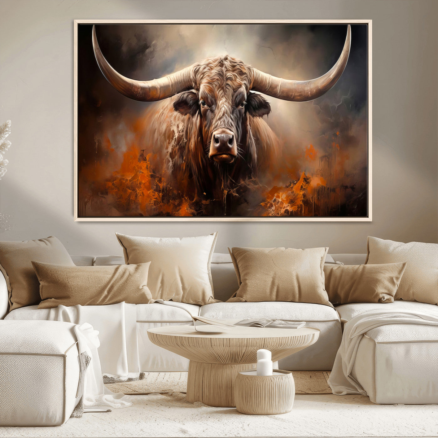 MGV-FC-36X24 - Highland Bull Canvas Abstract Canvas Wall Art Print – Powerful Highland Bull with Striking Horns in