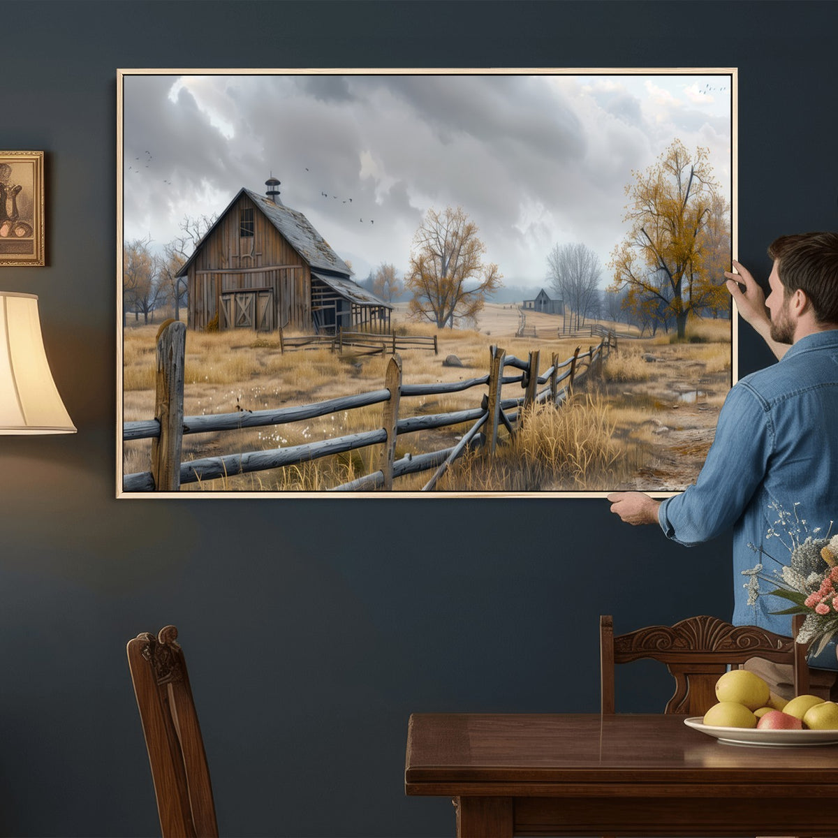 Farm1-MGV-CV-24X16 - Rustic Autumn Farmhouse Wall Art Canvas Print | Serene Countryside with Weathered Barn