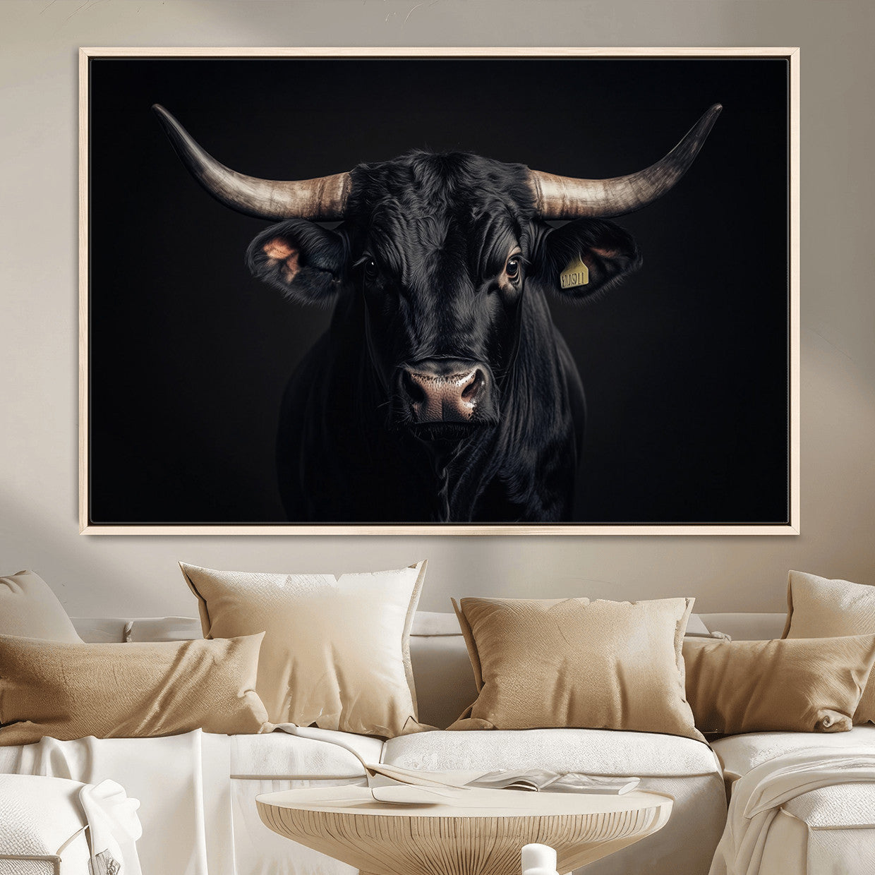 MGV-FC-36X24 - Black Bull Wall Art – Framed Horned Bull Canvas Artwork, Western Cattle Design, Rustic Ranch Style Decor for Home, Office