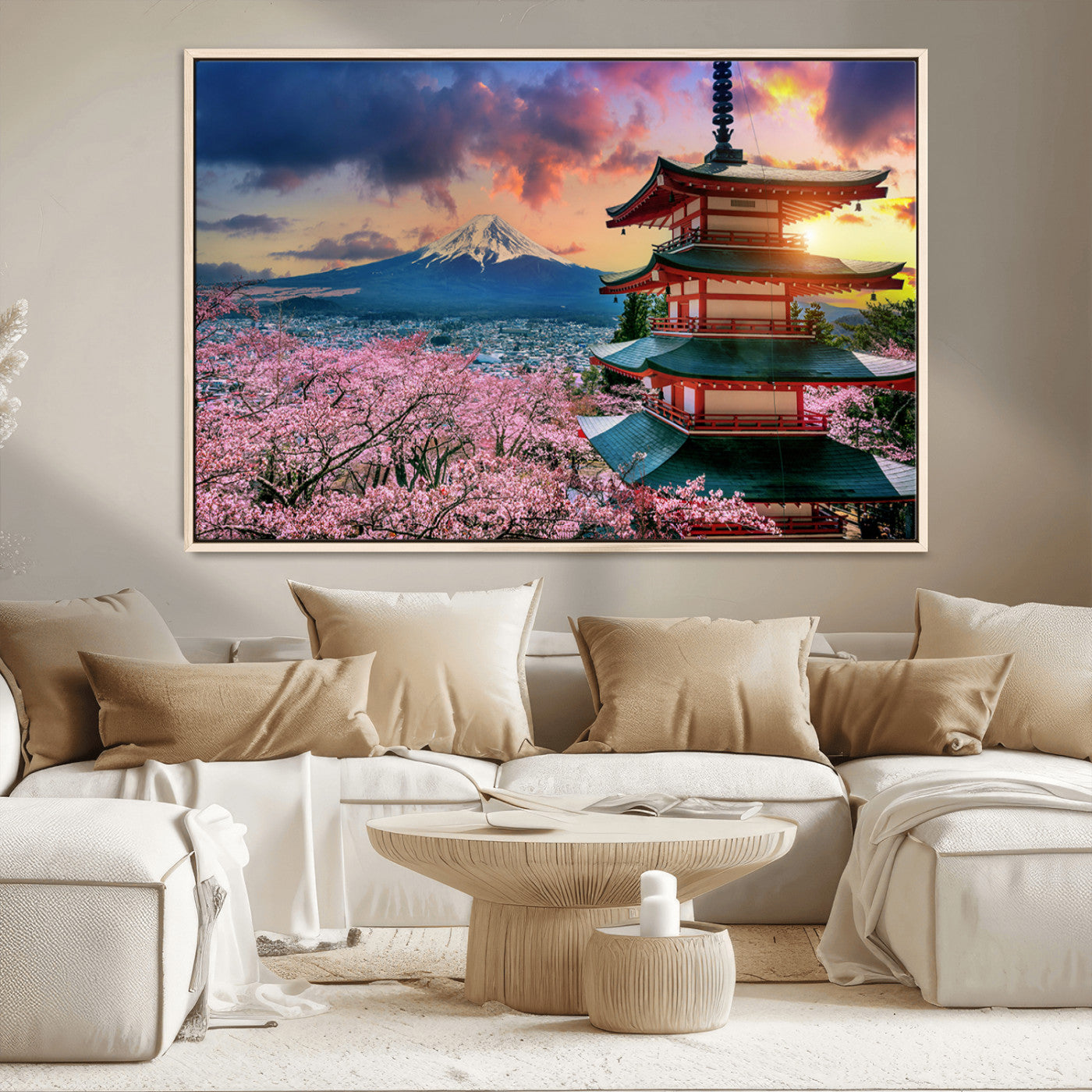 MGV-FC-36X24 - Mount Fuji & Cherry Blossom Wall Art Canvas Print – Iconic Japanese Landscape, Sakura Pagoda Sunset,