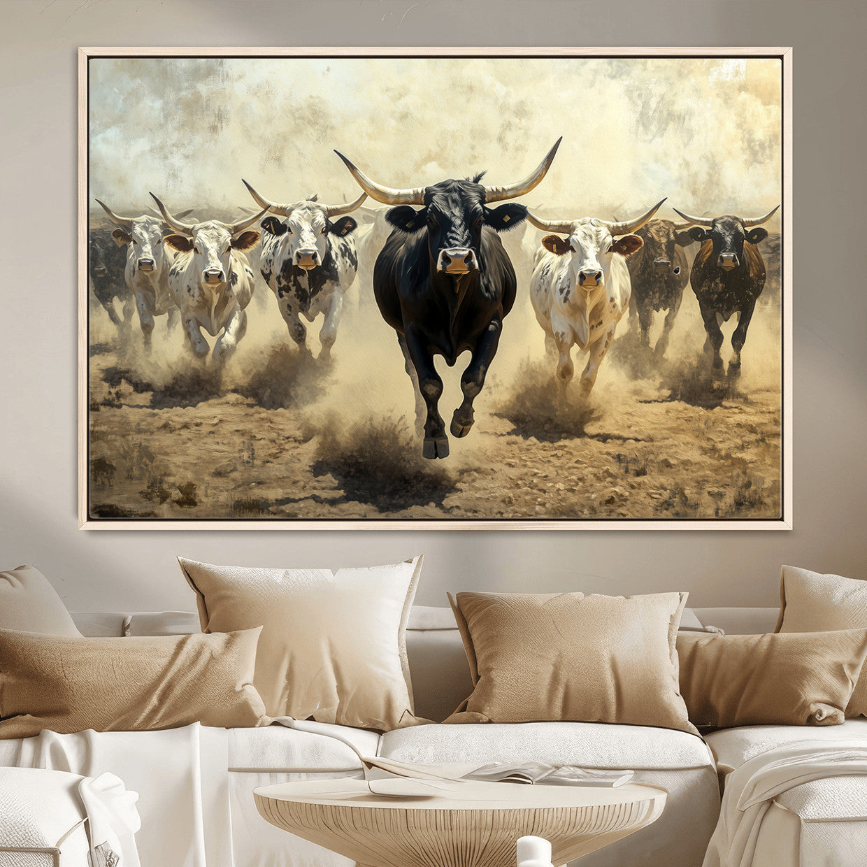 MGV-FC-36X24 - Running Cattle Wall Art – Canvas Print of Western Herd, Dust Stampede, Longhorns, Wild West Ranch, Bold Rustic Farm Decor for Home or Office
