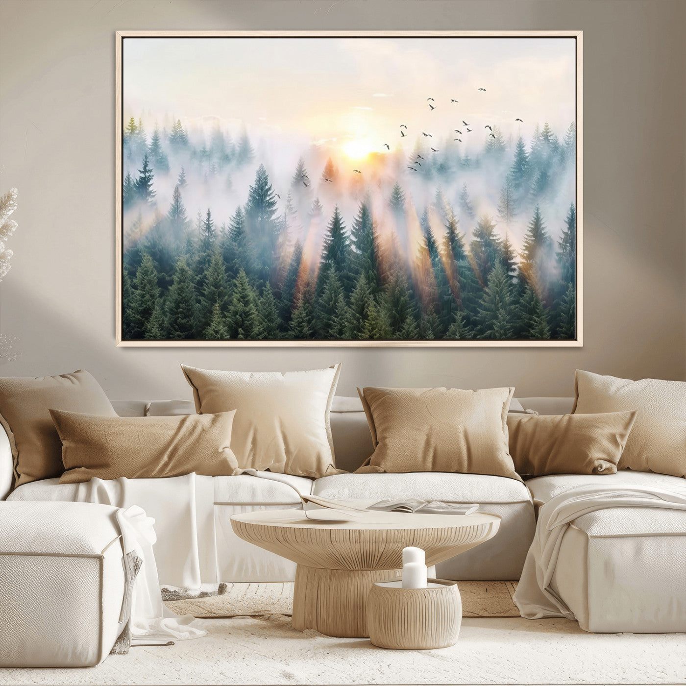 MGV-FC-36X24 - Misty Pine Forest Wall Art Canvas, Sunrise Over Foggy Trees Canvas for Home - Office, Framed