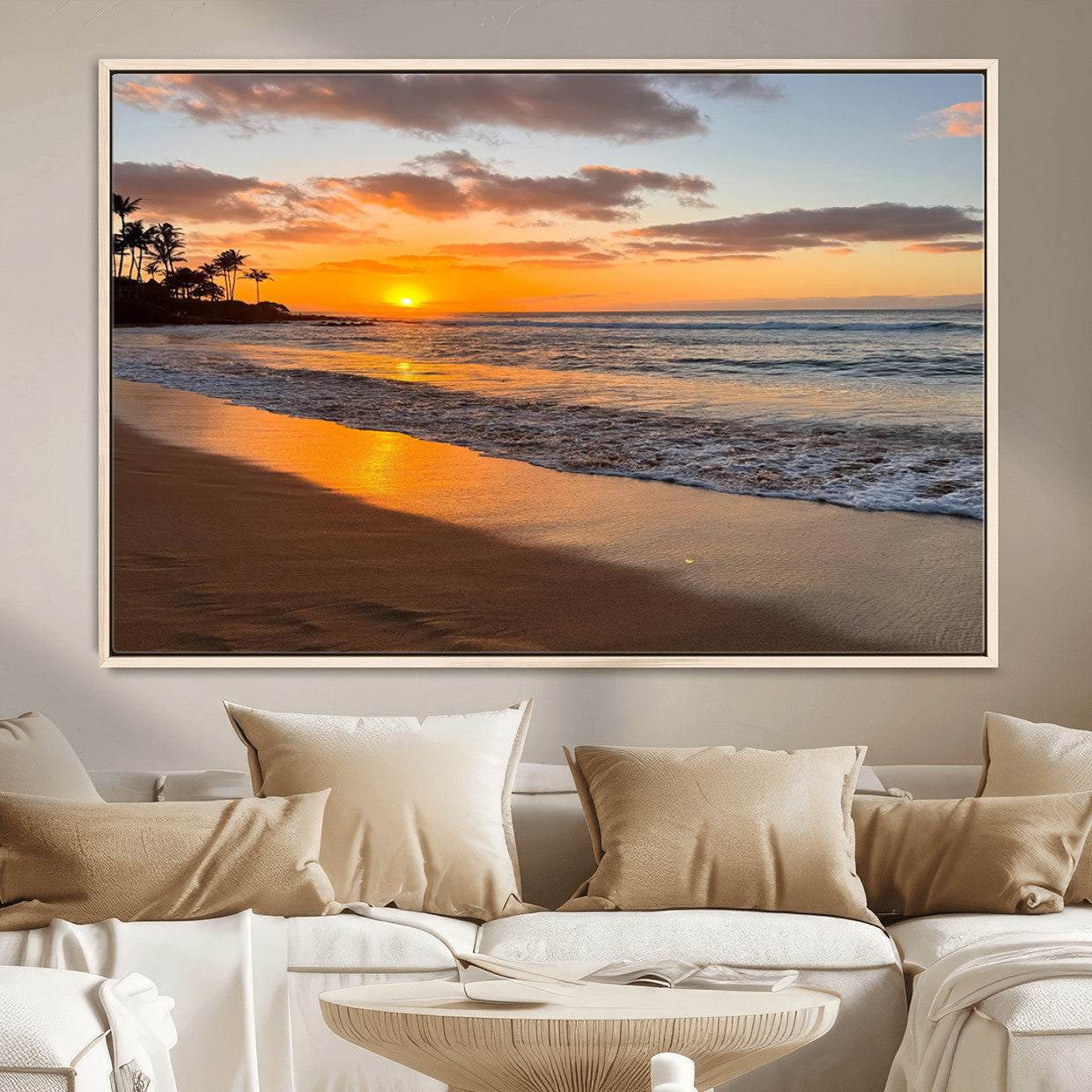 MGV-FC-36X24 - Sunset Glow Wall Art – Canvas Print of Ocean Breeze, Golden Sand, Tropical Palm Silhouettes, Tranquil Waves, Beach Nature Decor for Home