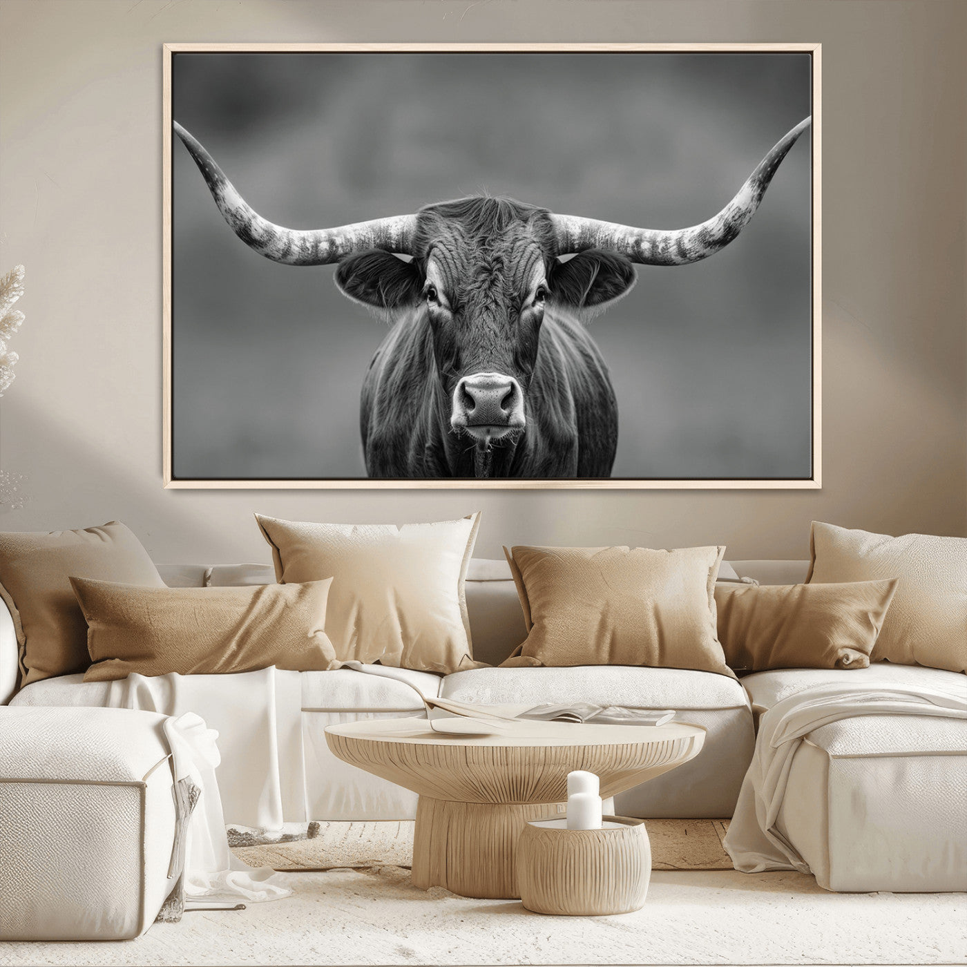 MGV-FC-36X24 - Framed Texas Longhorn Bull Art Canvas Print, Western Bull Wall Art Print, Long Horn Bull Photo Print