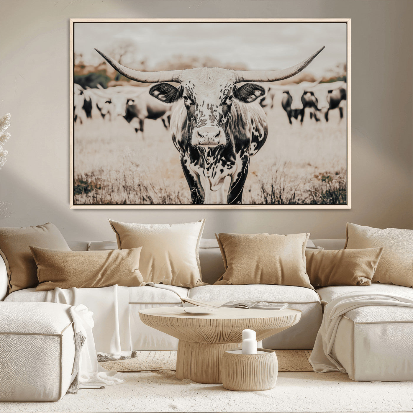 MGV-FC-36X24 - Texas Longhorn Wall Art Canvas Print, Framed Speckled Cow Art Picture Print, Horned Cattle Perfect Rustic Western Decor Artwork