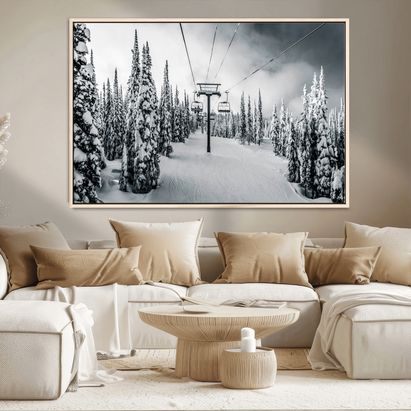 MGV-FC-36X24 - Snowy Pines Wall Art Canvas Print, Framed Ski Lift Art Picture Print, Winter Forest Perfect Moody Lodge Decor Artwork