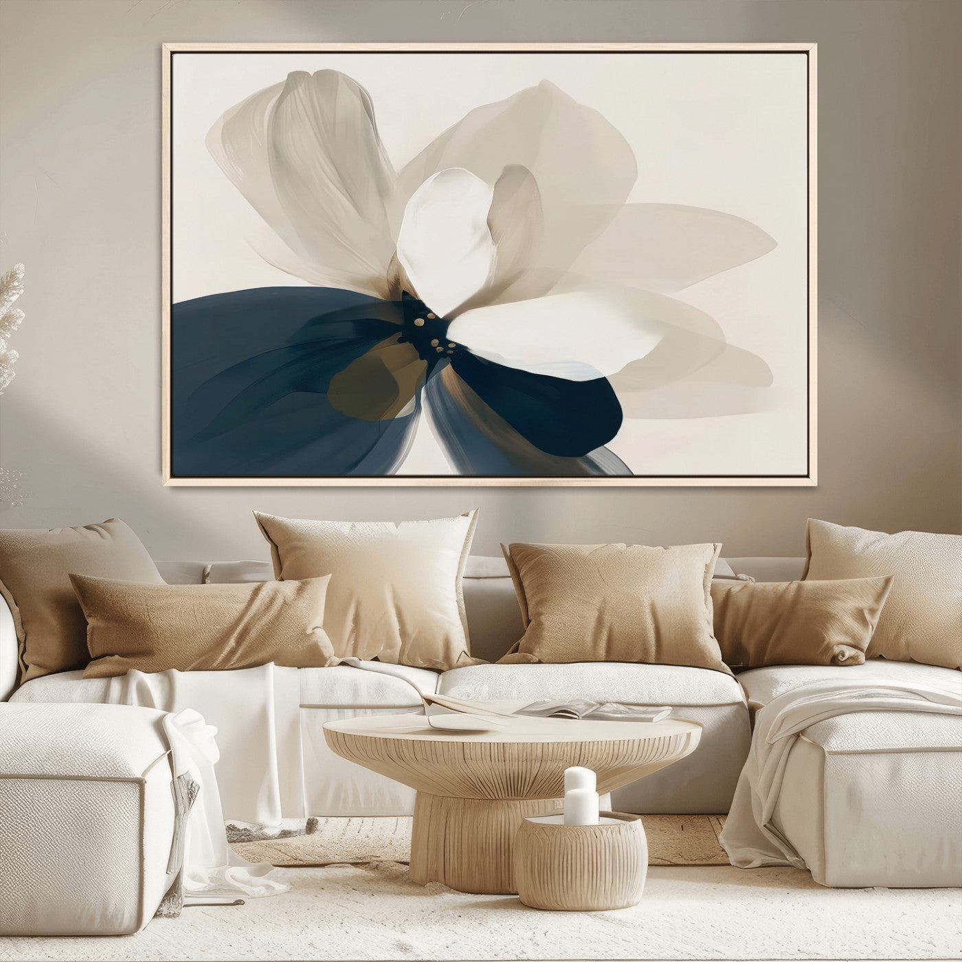 MGV-FC-36X24 - Minimal Flower Wall Art Canvas Print, Framed Flower Drawing Art Picture Print, Beige Bloom Perfect Modern Botanical Decor Artwork