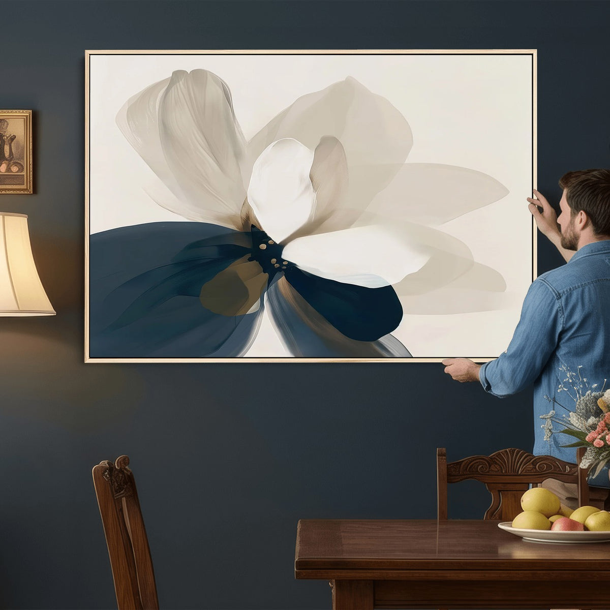 42188901-MGV-CV-24X16 - Minimal Flower Wall Art Canvas Print | Framed Beige and Navy Bloom