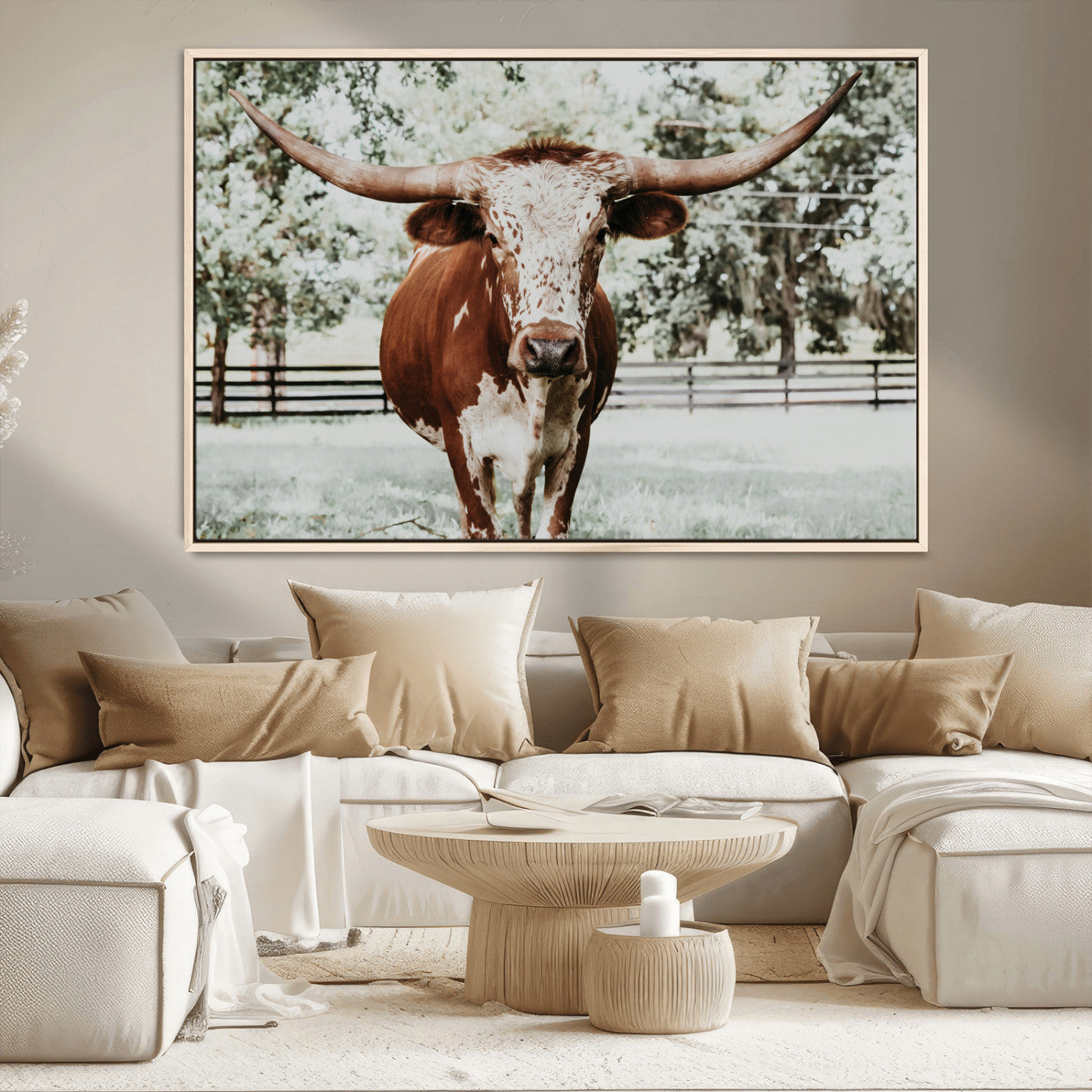 MGV-FC-36X24 - Texas Longhorn Wall Art Canvas Print, Framed Spotted Cow Art Picture Print, Horned Cattle Perfect Rustic Western Decor Artwork