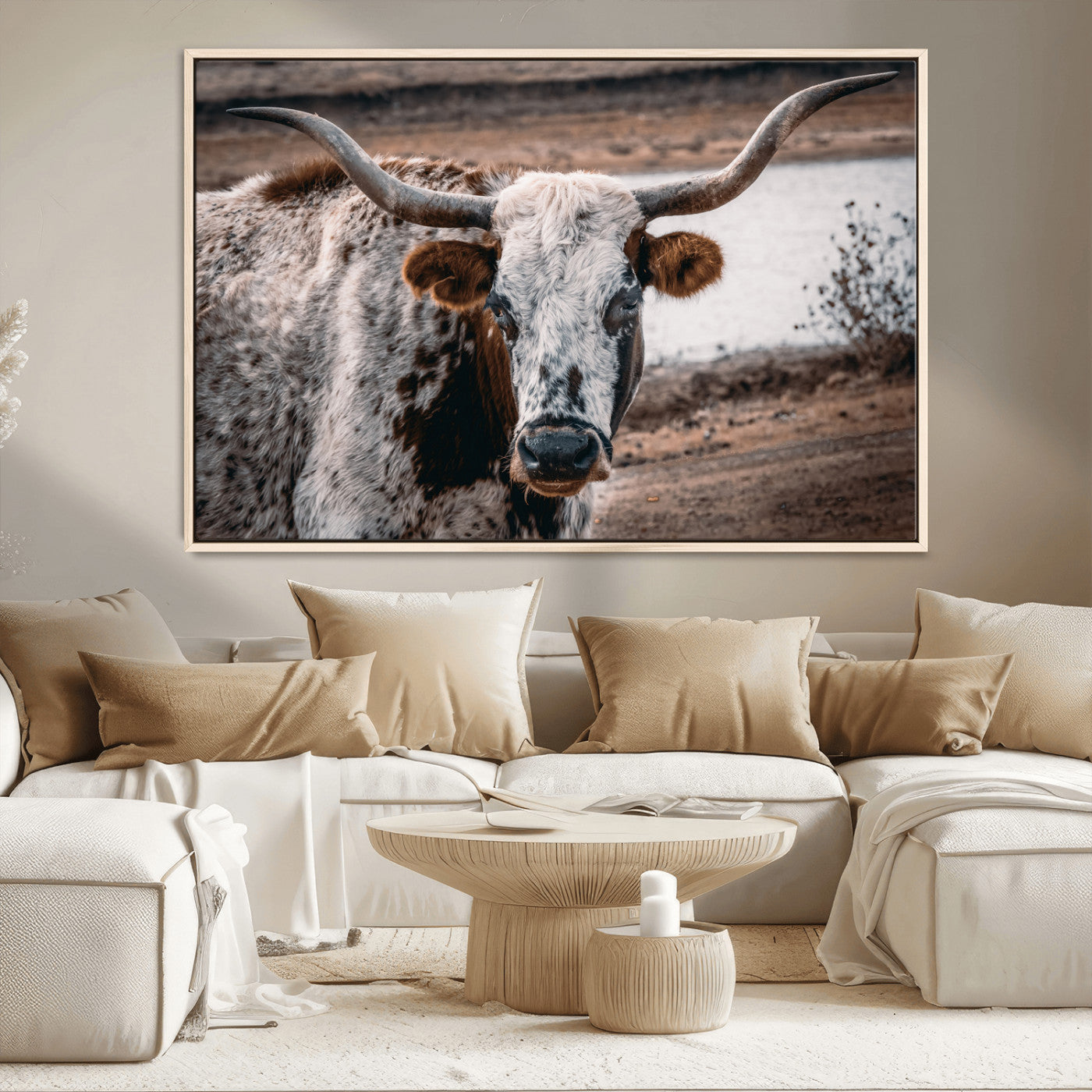 MGV-FC-36X24 - Texas Longhorn Wall Art Canvas Print, Framed Spotted Cow Art Picture Print, Horned Cattle Perfect Rustic Western Decor Artwork