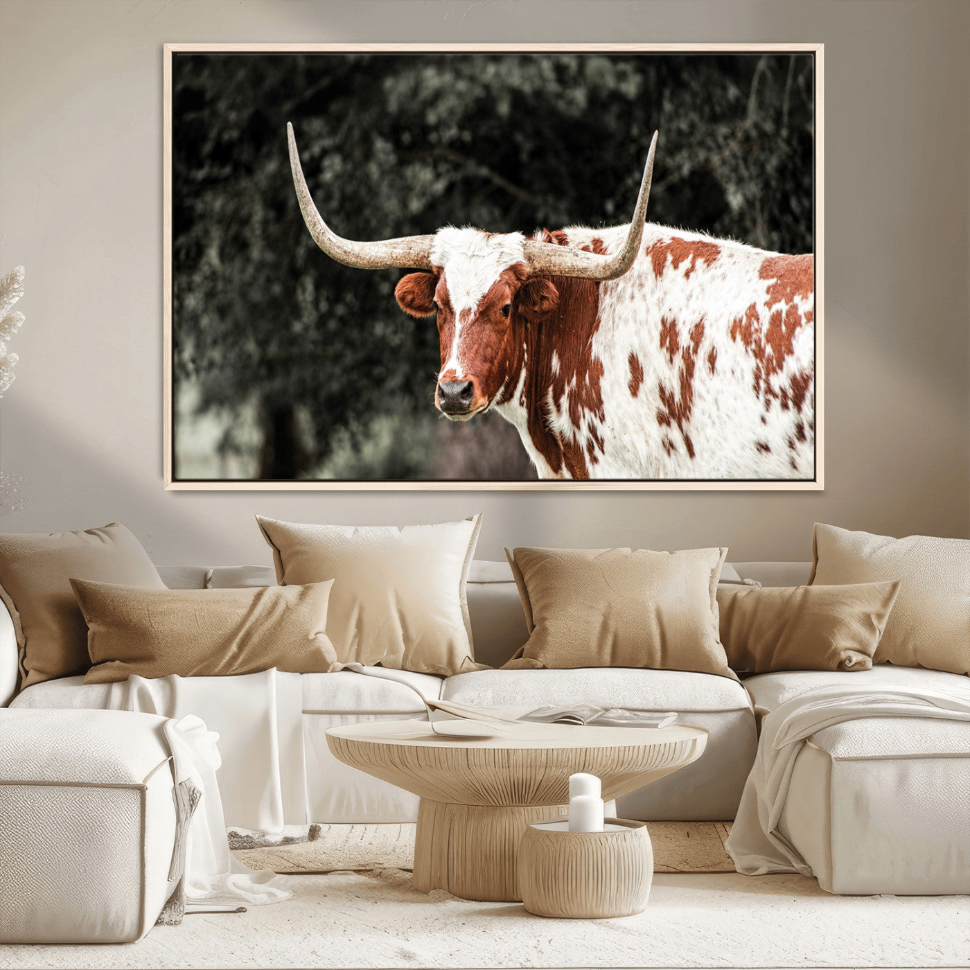 MGV-FC-36X24 - Texas Longhorn Wall Art Canvas Print, Framed Spotted Cow Art Picture Print, Horned Bull Perfect Rustic Western Decor Artwork
