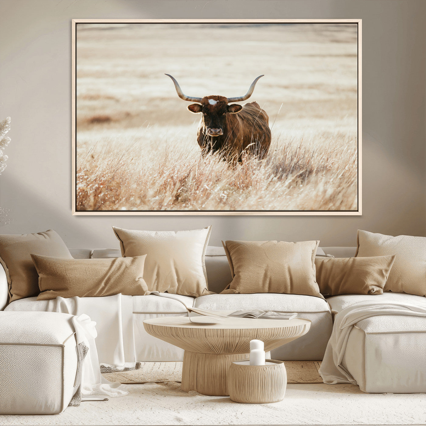 MGV-FC-36X24 - Texas Longhorn Wall Art Canvas Print, Framed Brown Cattle Art Picture Print, Horned Bull Perfect Rustic Western Decor Artwork