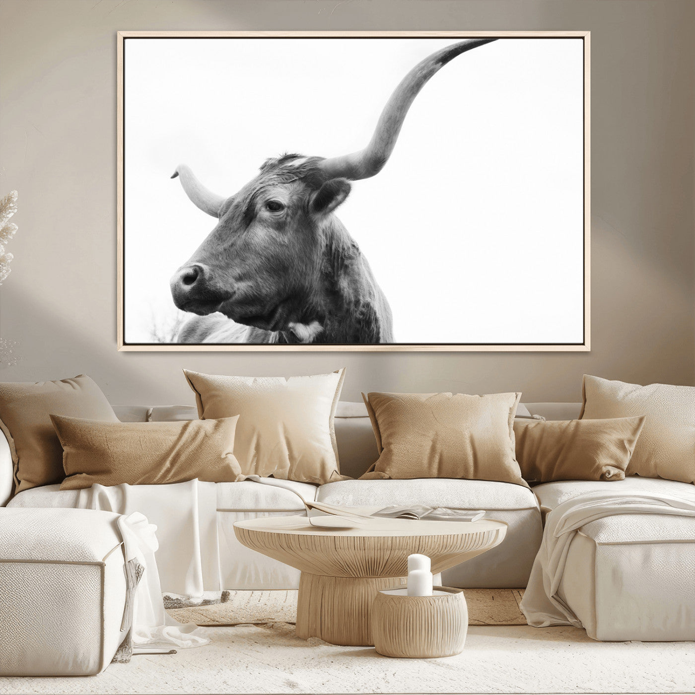 MGV-FC-36X24 - Longhorn Wall Art Wall Art Canvas Print, Framed Modern Ranch Style Art Art Picture Print, Monochrome Cow Print Perfect Rustic Western Decor Artwork