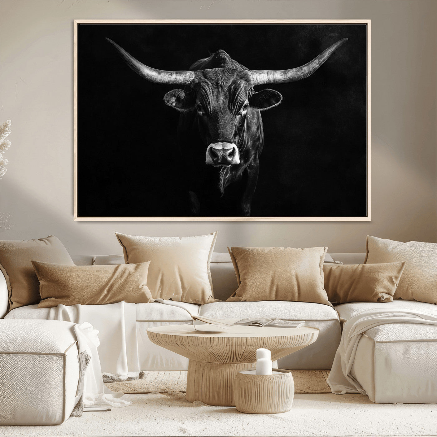 MGV-FC-36X24 - Texas Longhorn Wall Art Canvas Print, Framed Monochrome Bull Art Picture Print, Horned Bull Perfect Rustic Western Decor Artwork