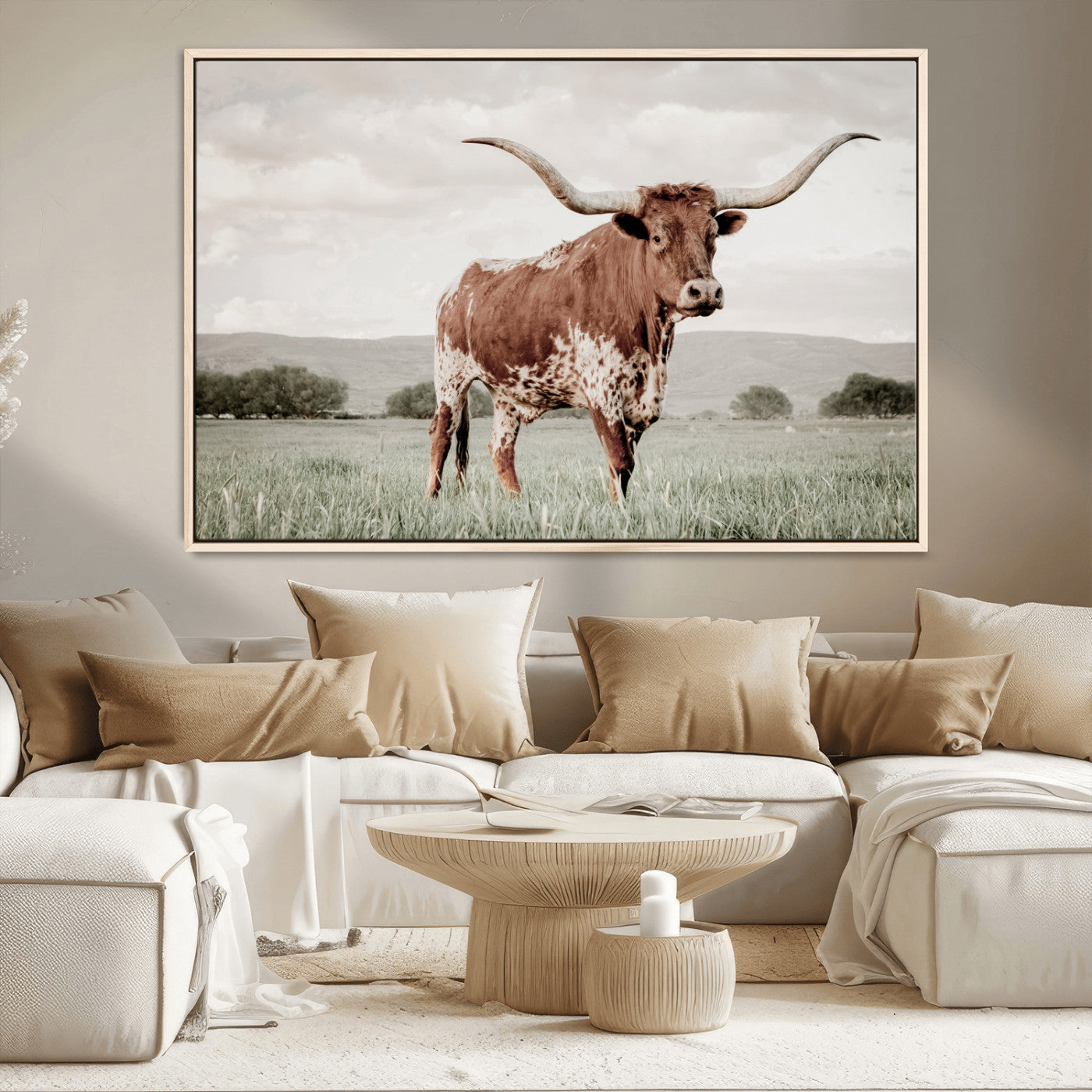 28309012-MGV-CV-36X24 - Texas Longhorn Wall Art Canvas Print, Framed Spotted Cattle Art Picture Print, Horned Bull Perfect Rustic Western Decor Artwork