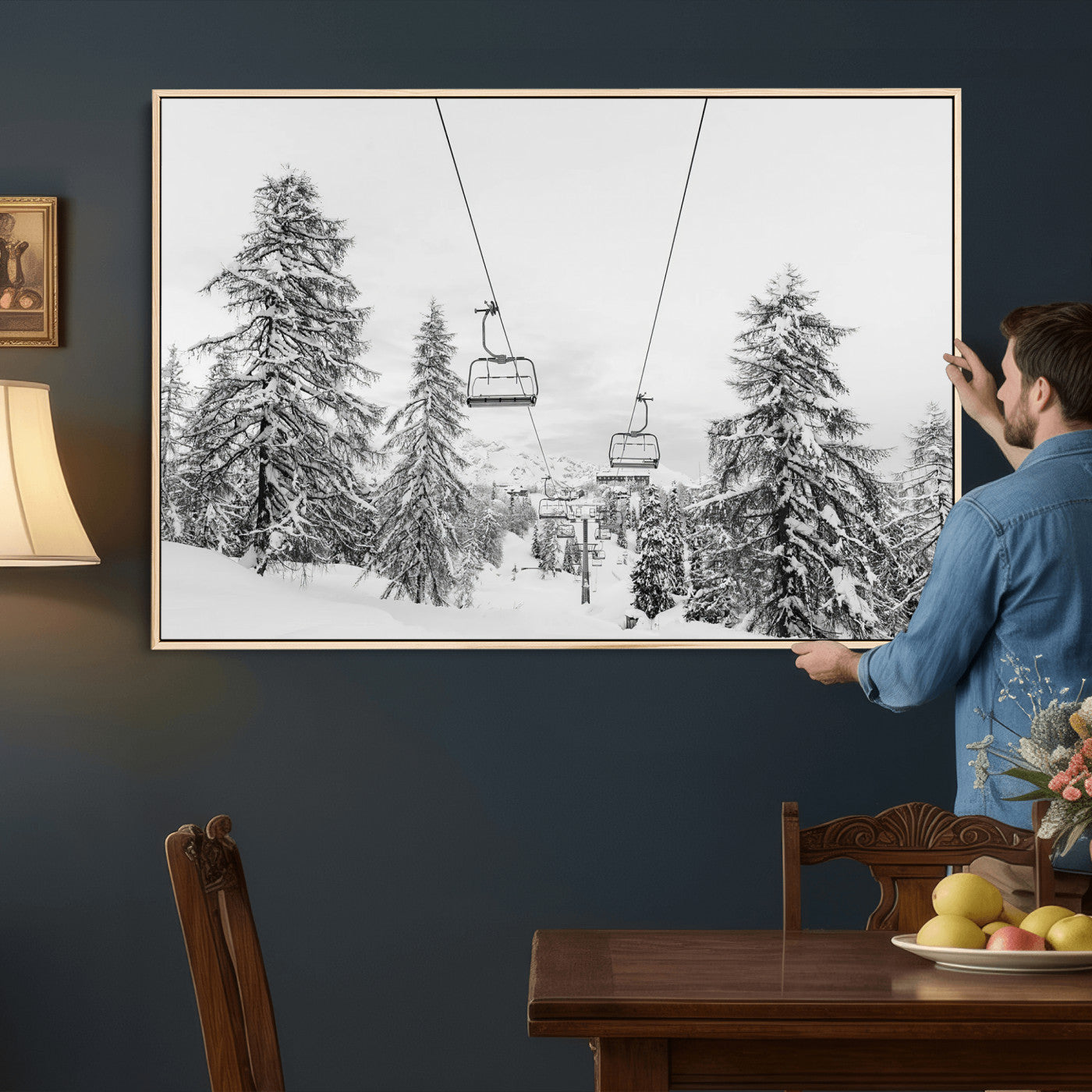 55003599-MGV-CV-36X24 - Snowy Ski Lift Wall Art – Framed Winter Forest Canvas Artwork, Peaceful Mountain Design, Modern Nature Decor for Home, Office