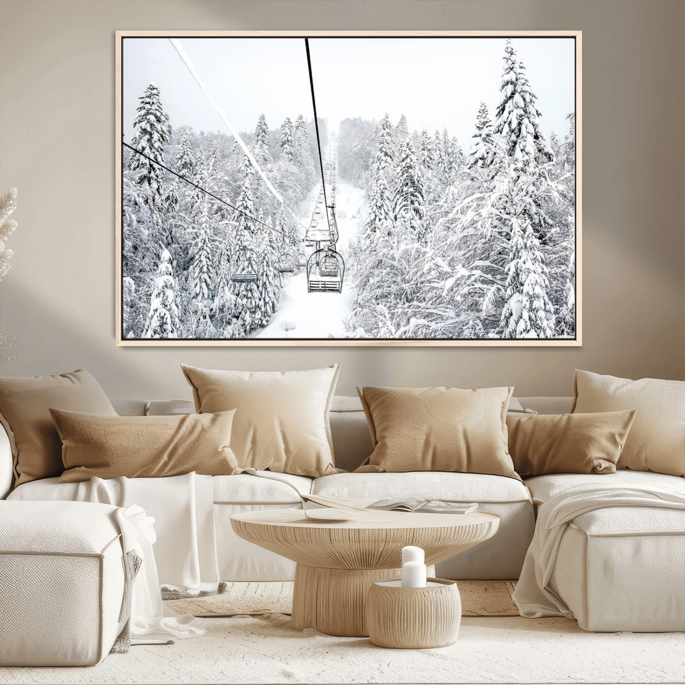 MGV-FC-36X24 - Snowy Mountains Wall Art Canvas Print, Framed Ski Lift Art Picture Print, Winter Forest Perfect