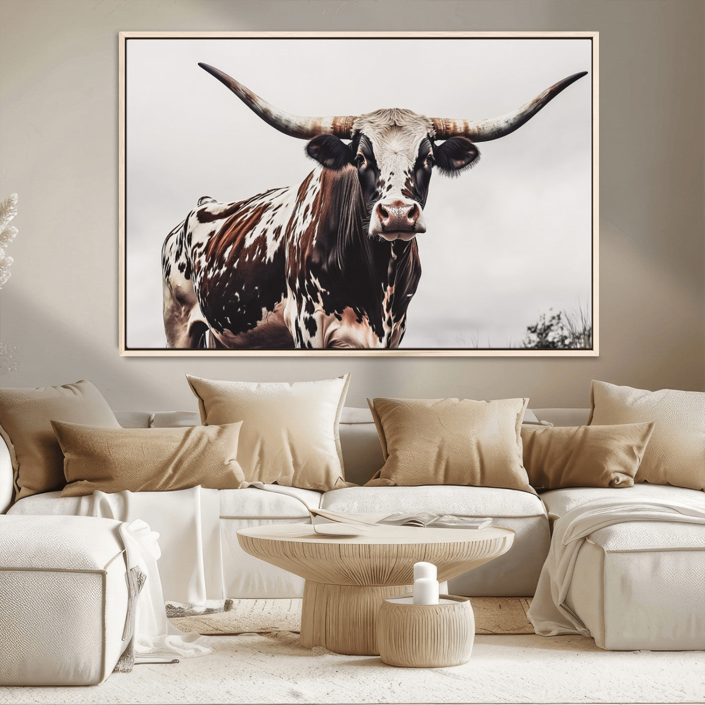 Close-up of a Texas Longhorn bull with powerful horns, perfect for rustic farmhouse or country-themed home decor. Ideal for animal lovers.