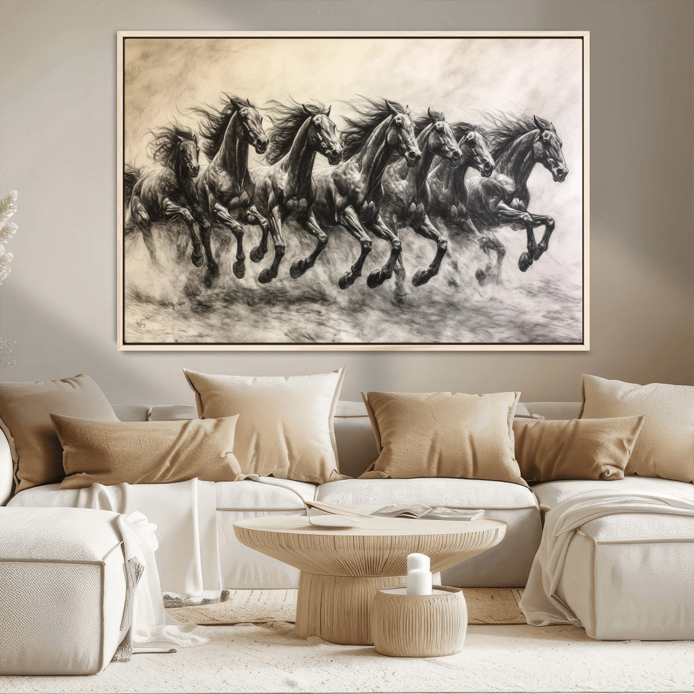 Monochrome drawing of a herd of galloping horses, perfect for dynamic and wild-themed decor in any equestrian or nature-inspired room.
